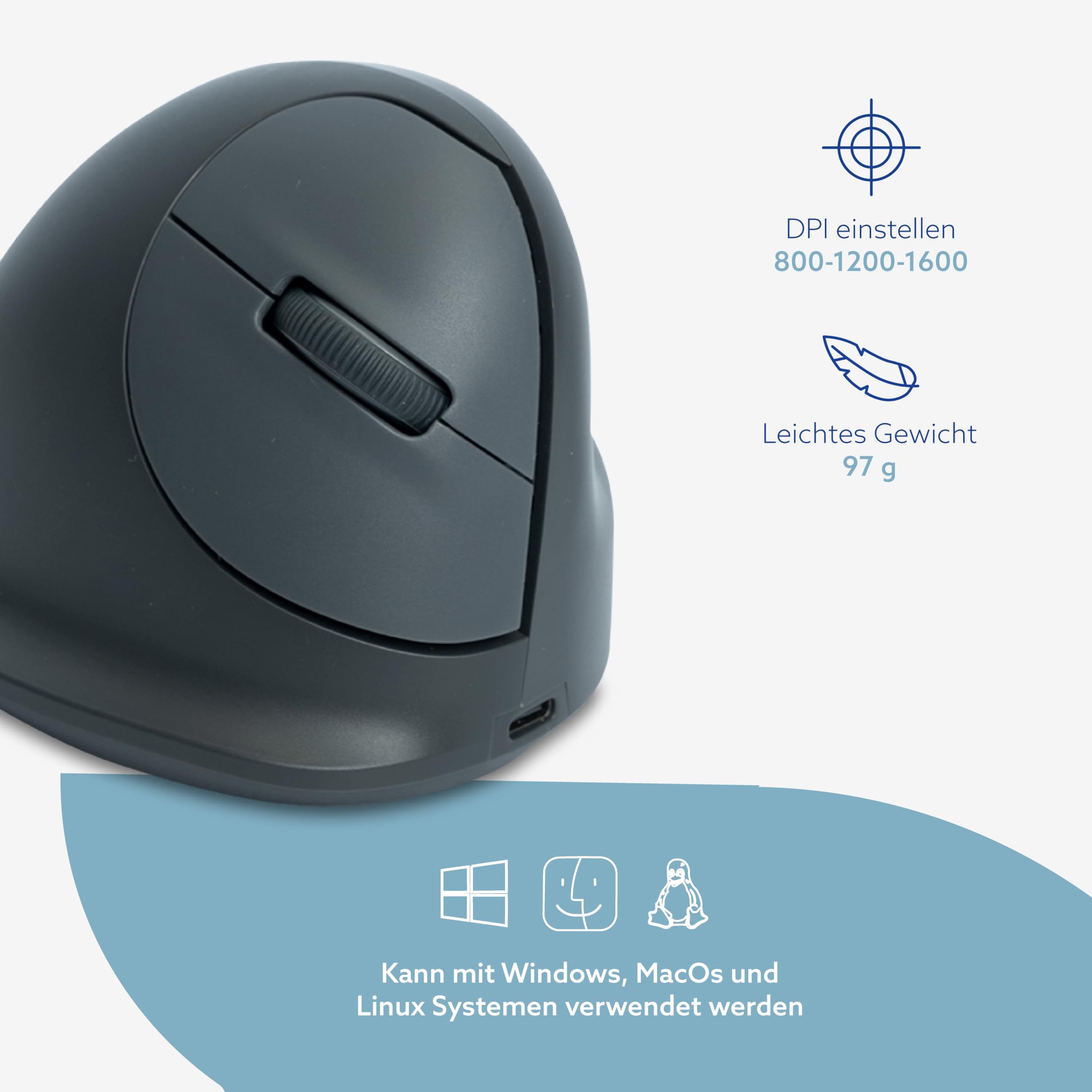 R-Go HE Basic Ergonomische Maus, Bluetooth 5.0, Wiederaufladbare mit Type C/A, Vorbeugung Mausarm/Tennisarm, Vertikale Ergo Maus für Windows/MacOS, 1600DPI und 3 Tasten, Schwarz