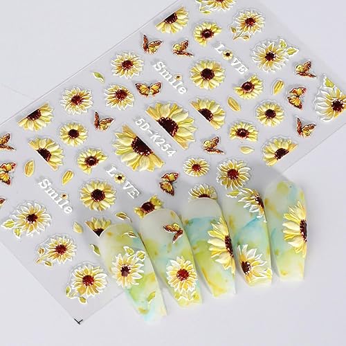 Miniatura 3 de 4 hojas de calcomanías de girasoles para uñas, calcomanías 5D en relieve de flores de sol de verano, calcomanías de uñas grabadas con flores,