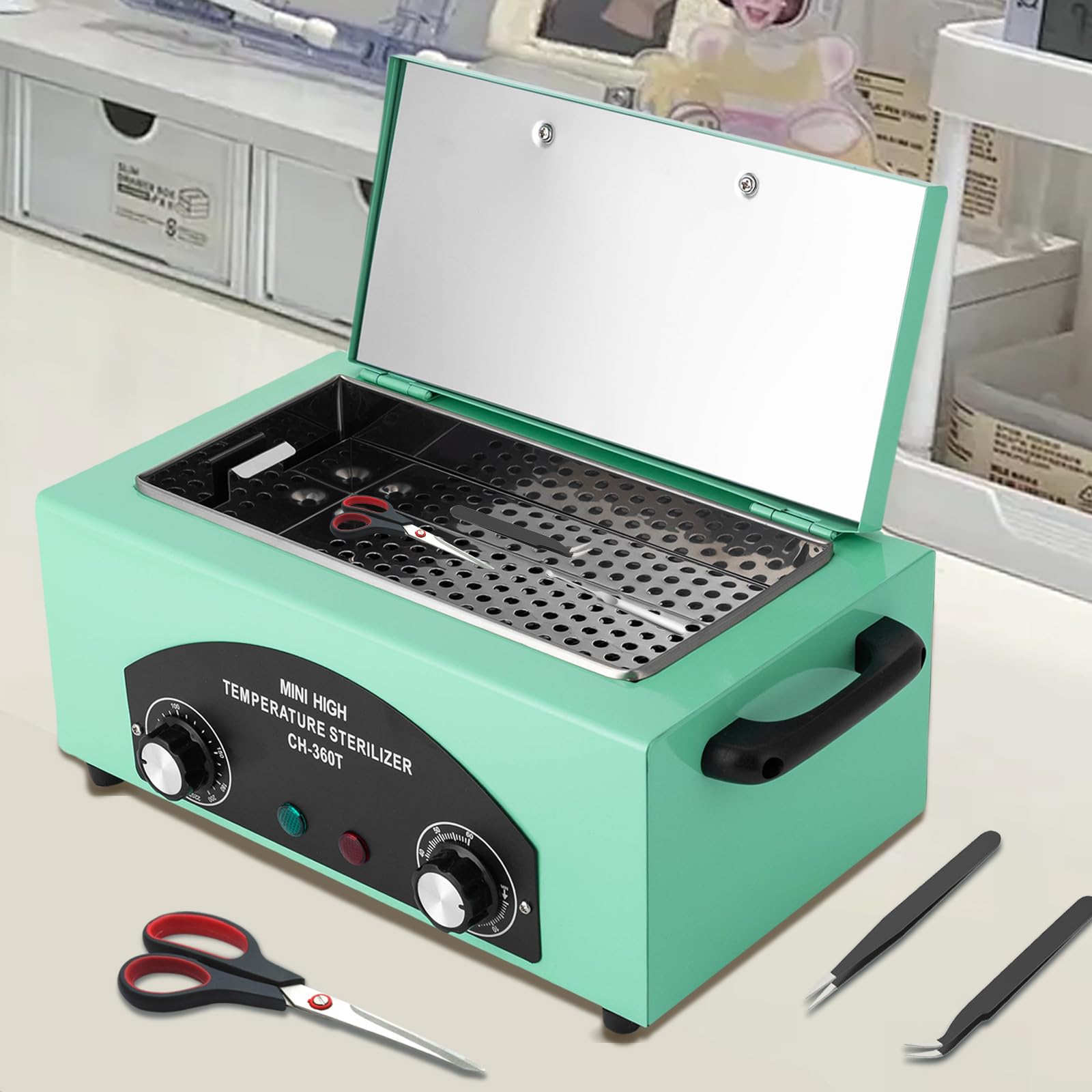 MINRS Sterylizator gorącym powietrzem, sterylizator wysokotemperaturowy, 300 W, 220°C, sterylizator z regulowanym timerem, do narzędzi do paznokci, kosmetyków, pielęgnacji stóp, salonu piękności,