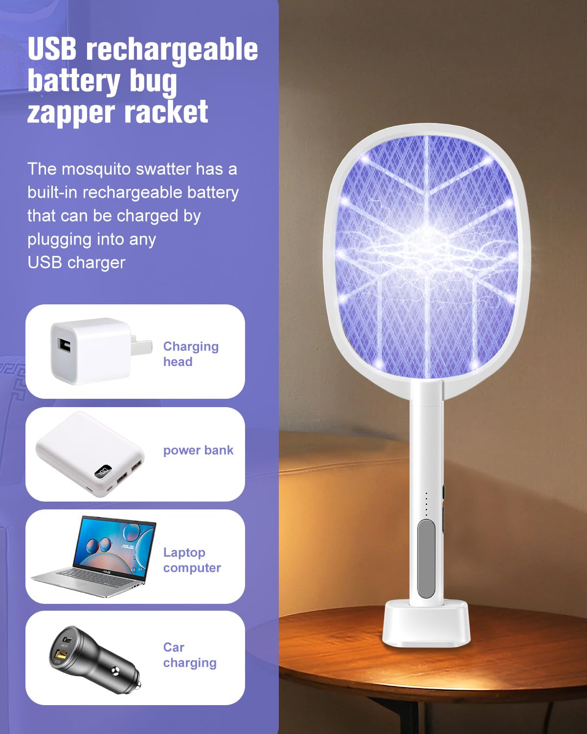 Paquete de 2 matamoscas eléctrico, 4000 V, raqueta de mosquitos 2 en 1 con batería recargable de 1200 ml, lámpara morada para matar mosquitos con red de seguridad de 3 capas, adecuada para interiores