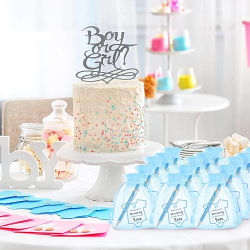 Miniatura 6 de Colarr Juego de 36 recuerdos de baby shower, bolígrafos azules con tarjetas y bolsa de organza para invitados y fiesta de revelación de género