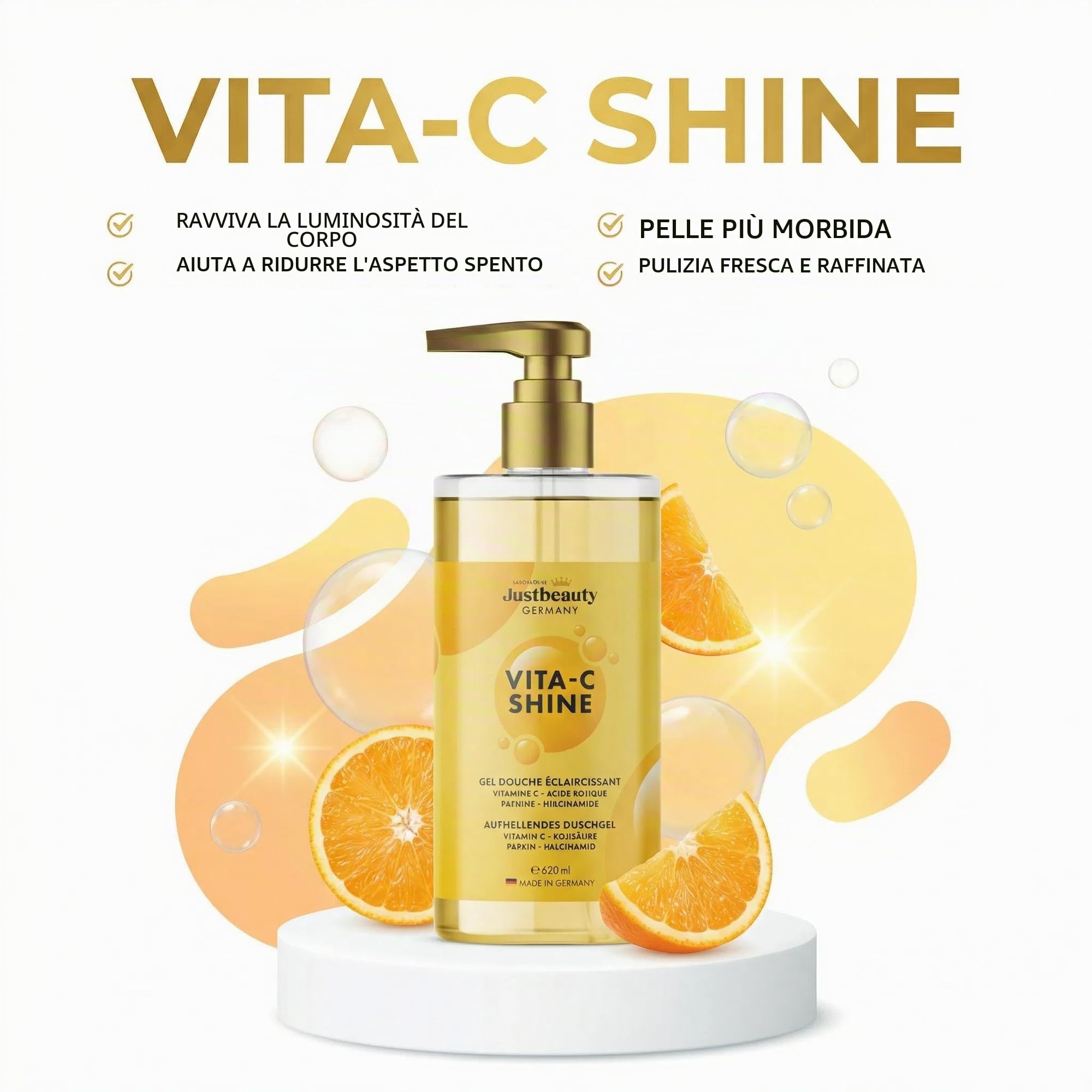 Gel doccia sbiancante Vita C Shine, 620 ml, extra forte con vitamina C, niacinamide, acido kojico e acido ialuronico, idratante e carnagione