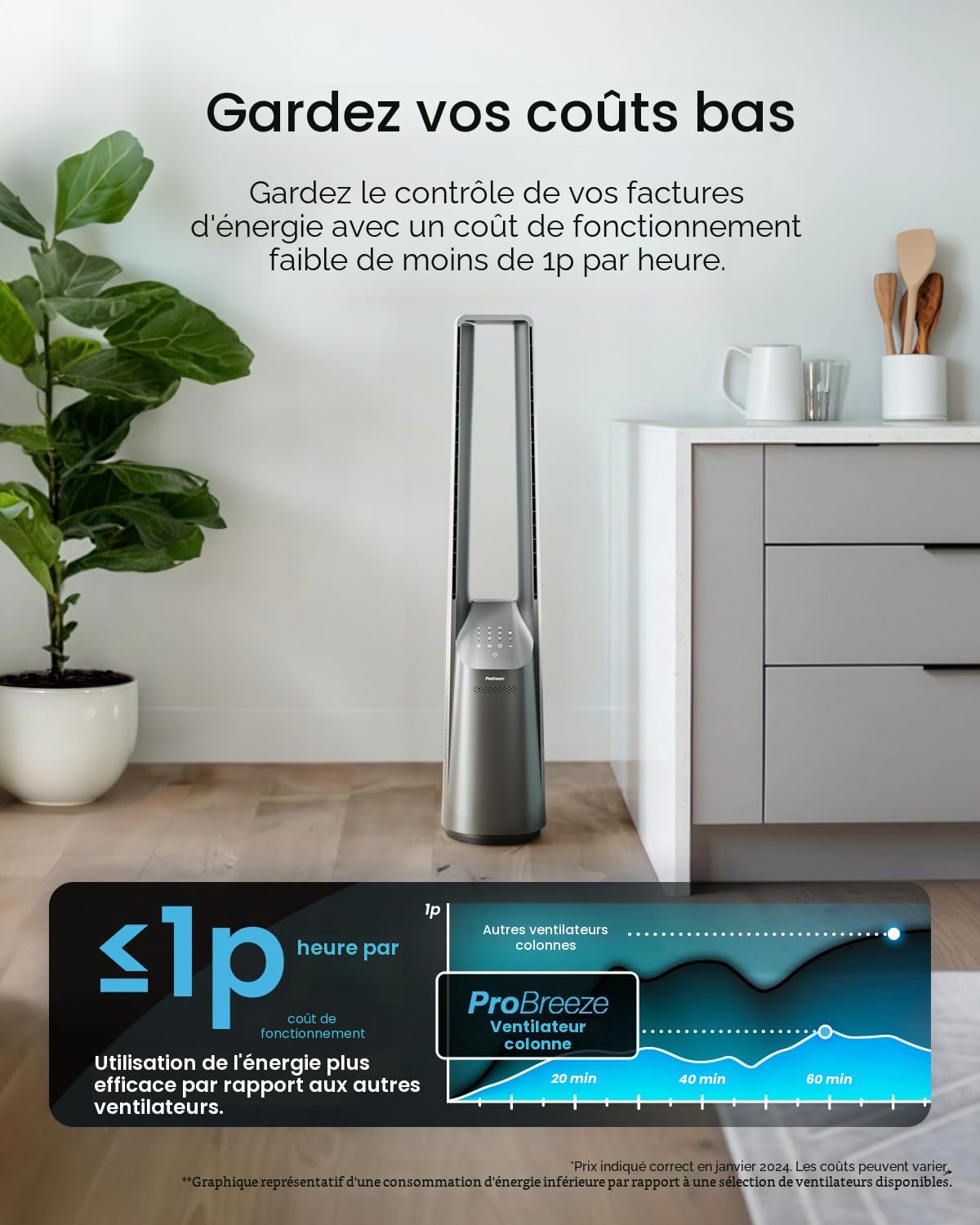 Pro Breeze Ventilateur Colonne Sans Pale - Ventilateur Tour Silencieux, Hauteur 101 cm avec 6 Vitesses, Oscillation 60°, Ventilateur Sans Lame Rafraichisseur d'Air Bladeless - Argentée