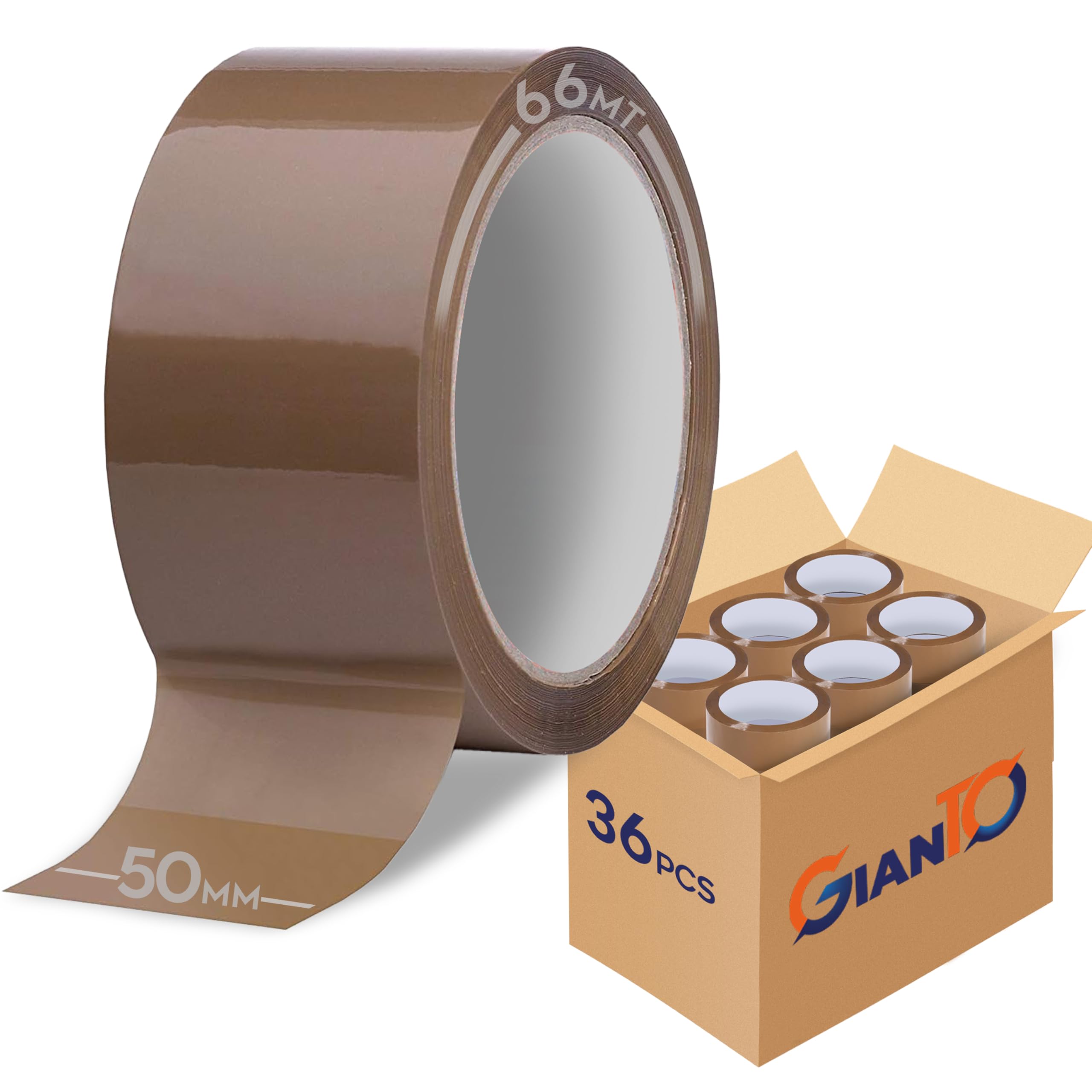 GIANTO Lot de 36 rouleaux de ruban adhésif marron – 50 mm x 66 m – Rouleau acrylique pour paquets, cartons, emballage, expéditions, Havane, fabriqué en Italie (lot de 36 pièces)
