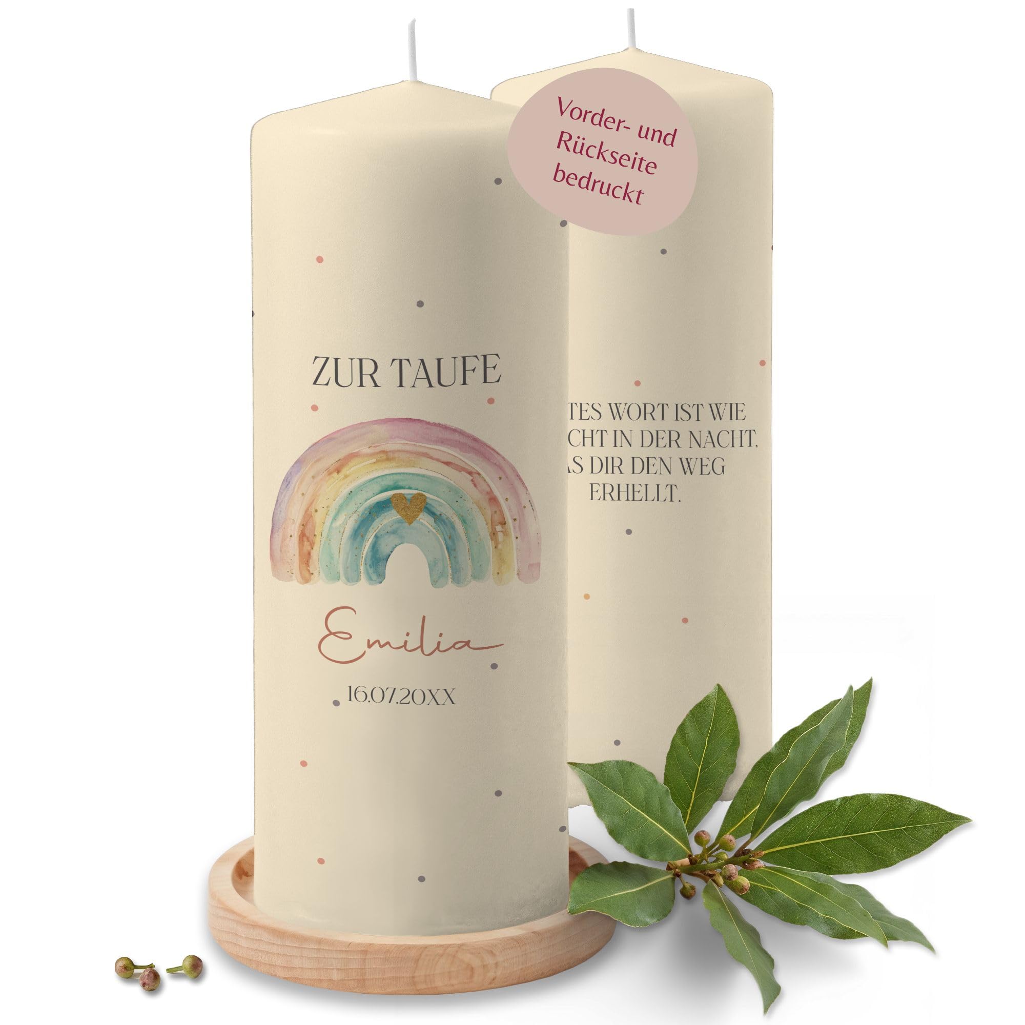 Taufkerze - Bunter Boho Regenbogen mit Herz - Zur Taufe mit Name, Datum und Wunschtext - 230/78 mm - Elfenbein