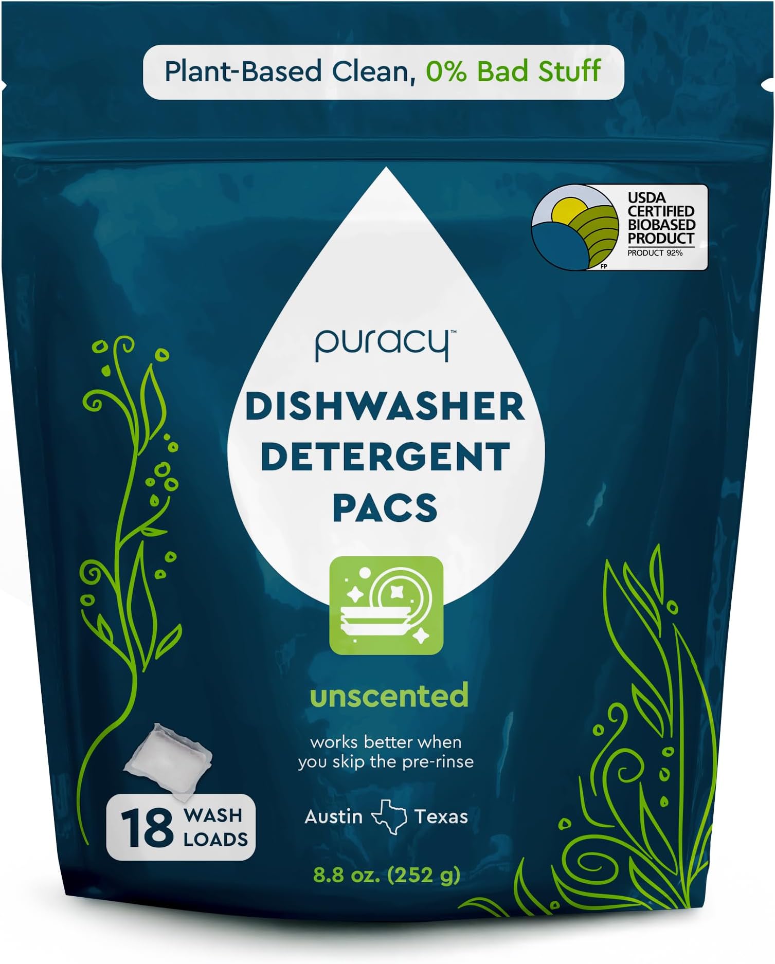 Dishwasher Pods, 18 Count, Natural Dishwasher Detergent, Free & Clear Enzyme-Powered Automatic Dishwasher Pod, Spot and Residue-Free Dish Tabs, 2-in-1 Dishwasher Soap and Rinse Aid