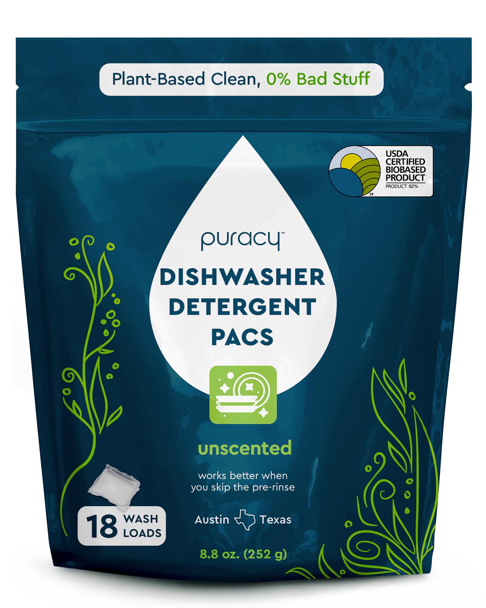 Dishwasher Pods, 18 Count, Natural Dishwasher Detergent, Free & Clear Enzyme-Powered Automatic Dishwasher Pod, Spot and Residue-Free Dish Tabs, 2-in-1 Dishwasher Soap and Rinse Aid