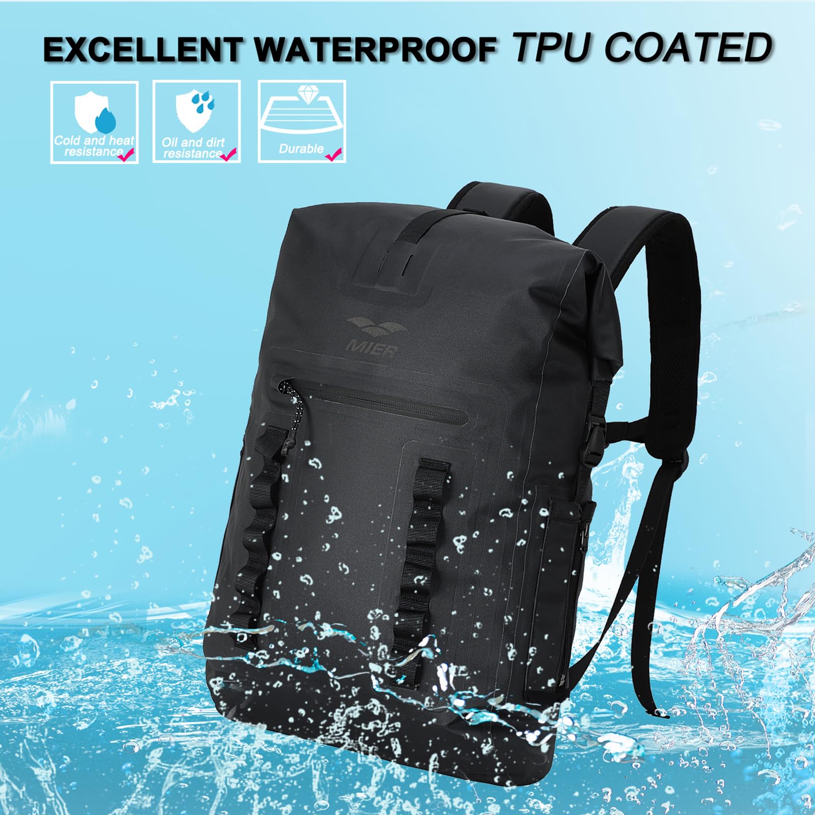 MIER Mochila Impermeable Dry Bag Resistente con Cierre Enrollable para Kayak, Playa, canotaje, natación, Surf, 30 L, Black, Bolsa Seca
