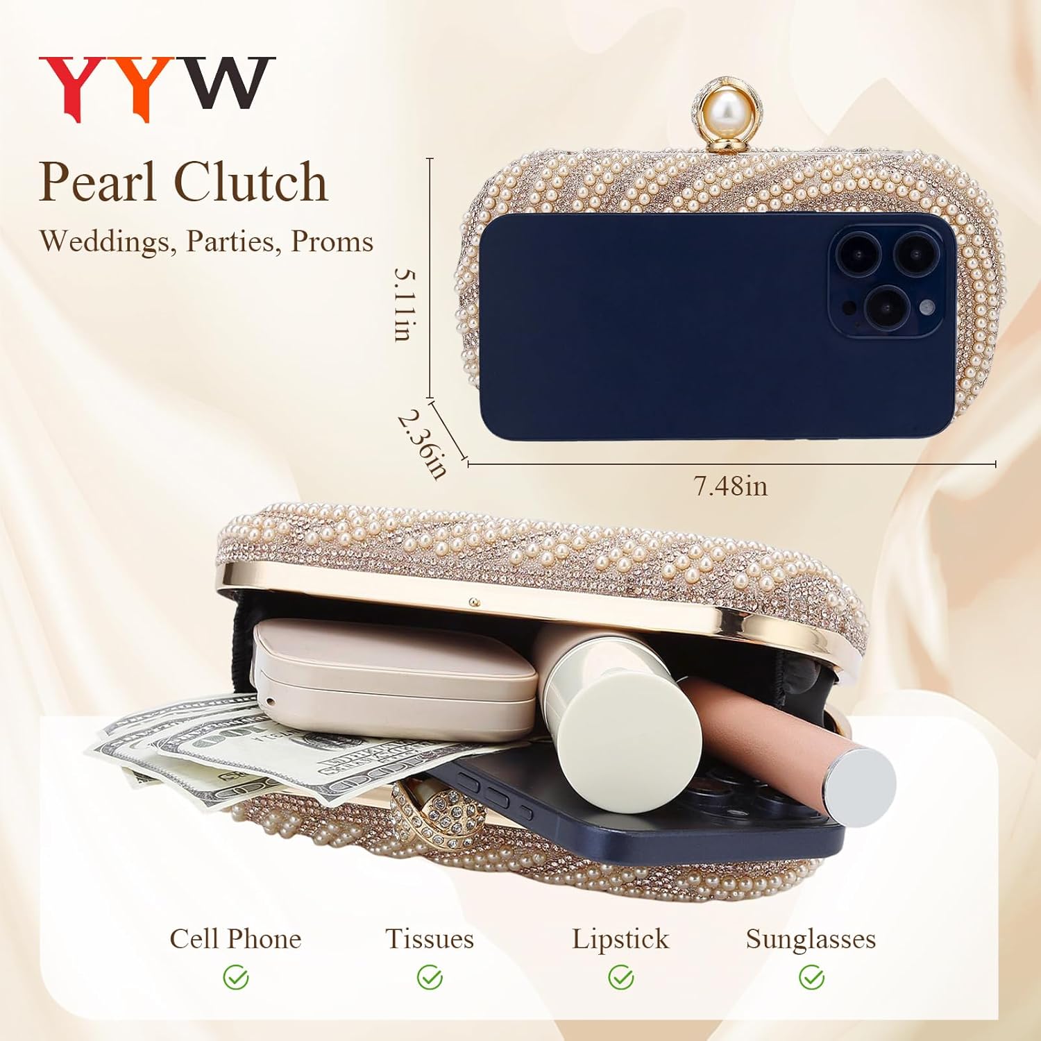 YYW Womens Pearl Clutch Purse Evening Handbags Beaded Bag for Wedding Bride Party with Chain - Image 6