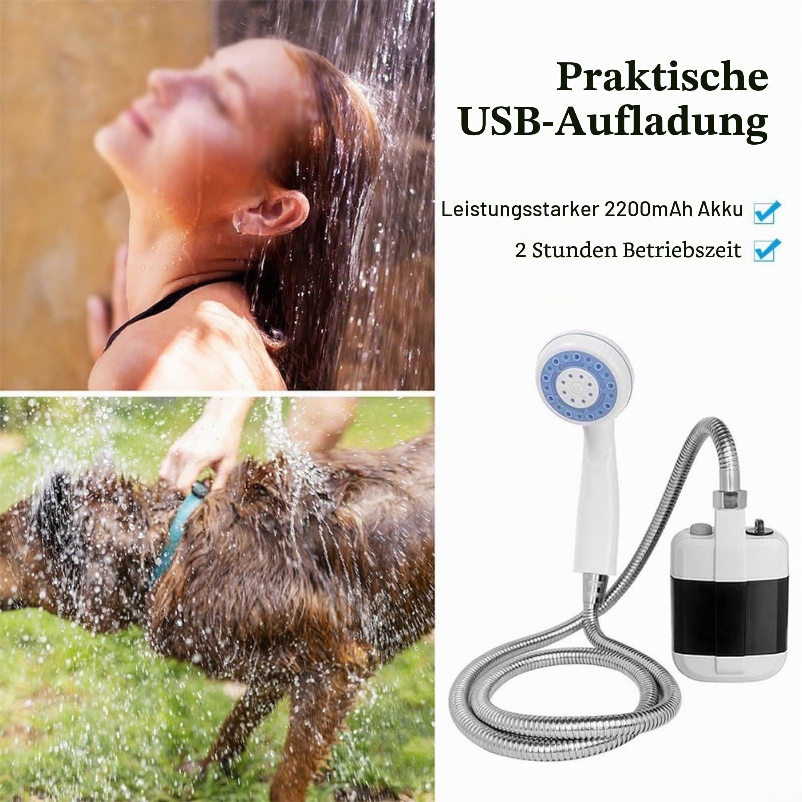 Tragbares Camping-Duschpumpen-Set, tragbar, wiederaufladbar, elektrische Dusche für Outdoor, Wandern, Haustierreinigung, Ein-Klick-Bedienung mit Saugnapf