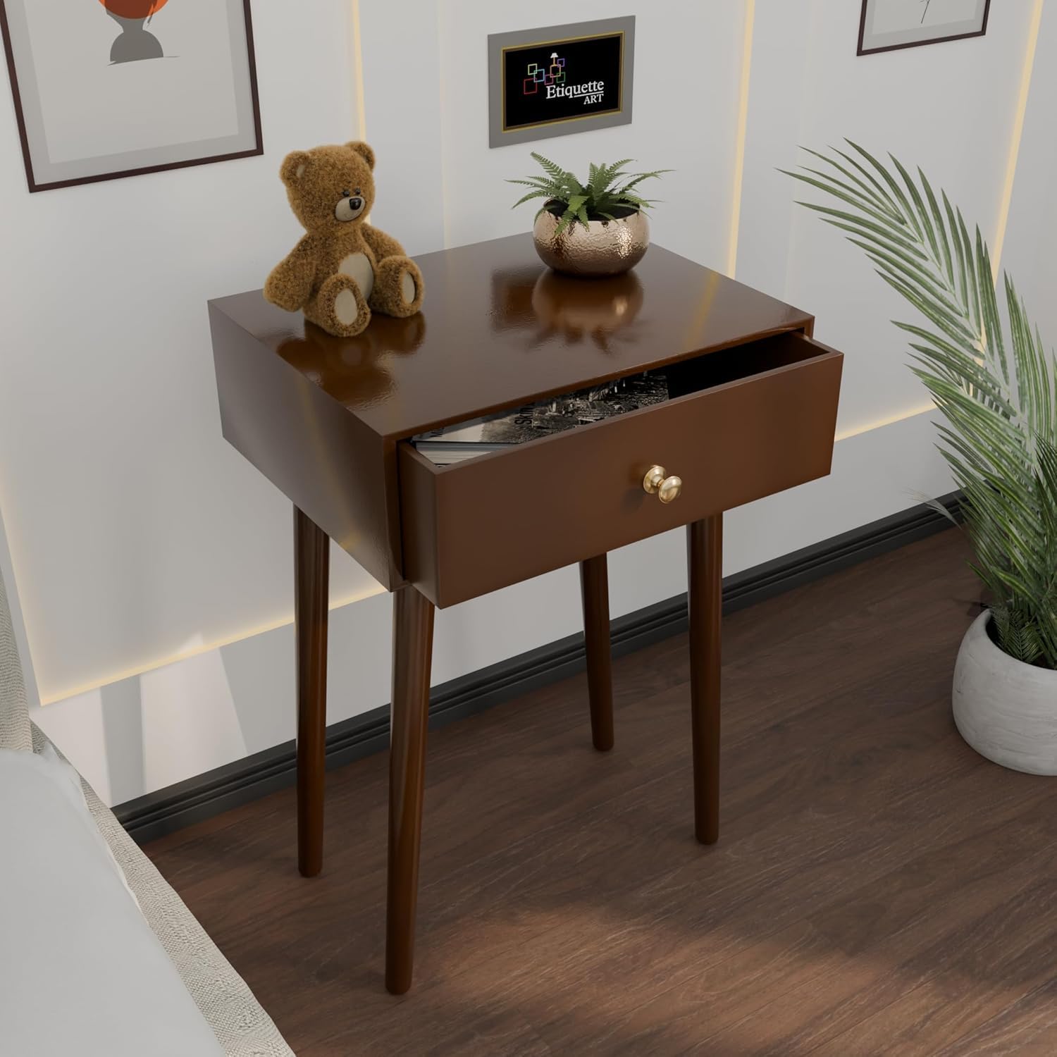 Brown Art SHOPPEE Nightstand, End Side Table with Drawer and Solid Wood Legs, Bedside Table for Bedrooms, Mid-Century Modern Drawer Storage Cabinet for Living Room Furniture (Full Brown)