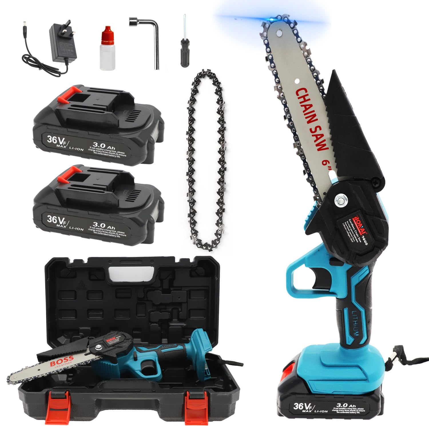 Bonai One Hand Electric Mini Chainsaw Cordless - 6 Inch Portable Chain Saw with 36VF Rechargeable Battery for Tree Branch Trimming and Wood Gardening