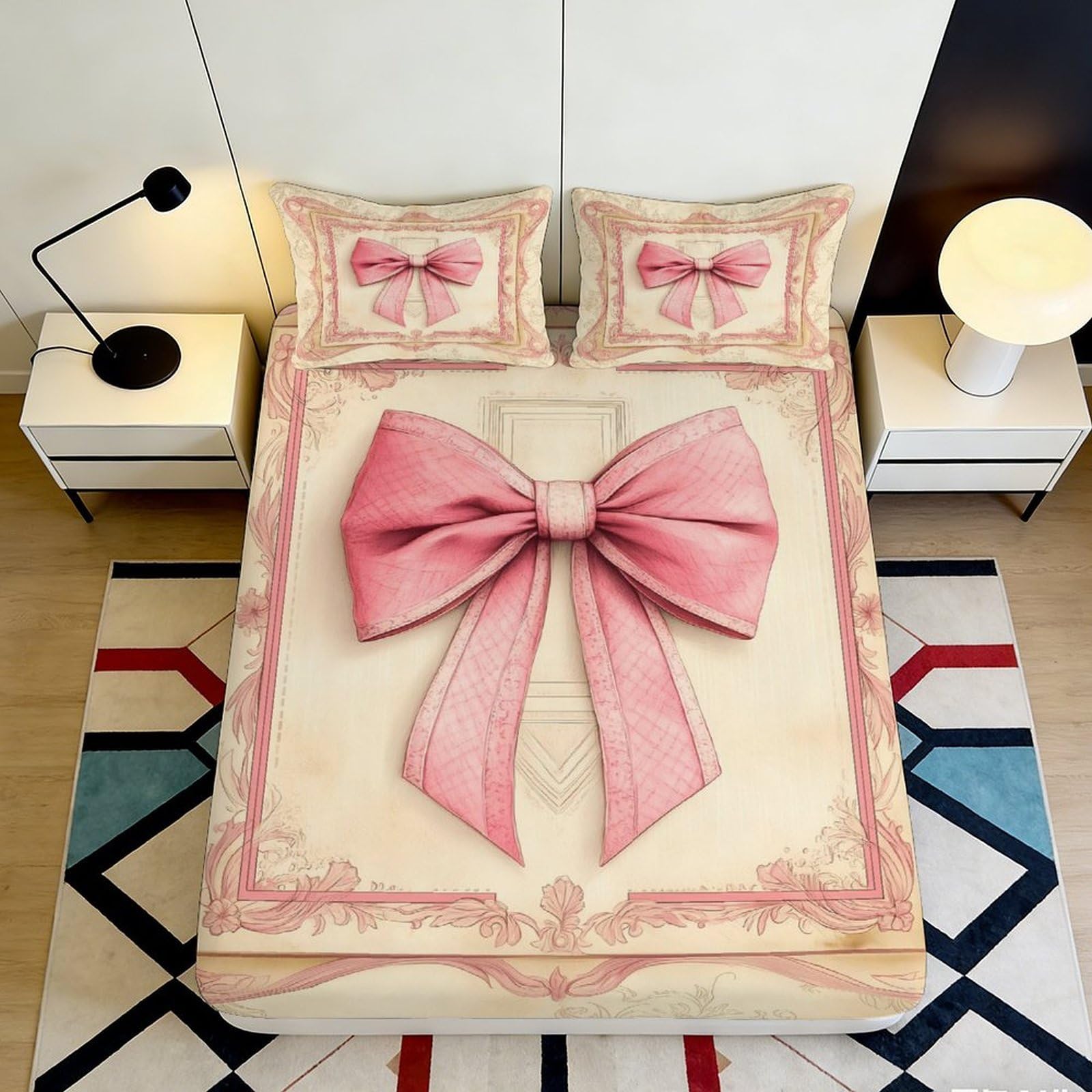 3D Printed Pink Ribbon Fitted Sheet Microfiber Soft Decorative Bow Bed Cover for Bedroom Guest Room Dorm Decor 90x200x25cm
