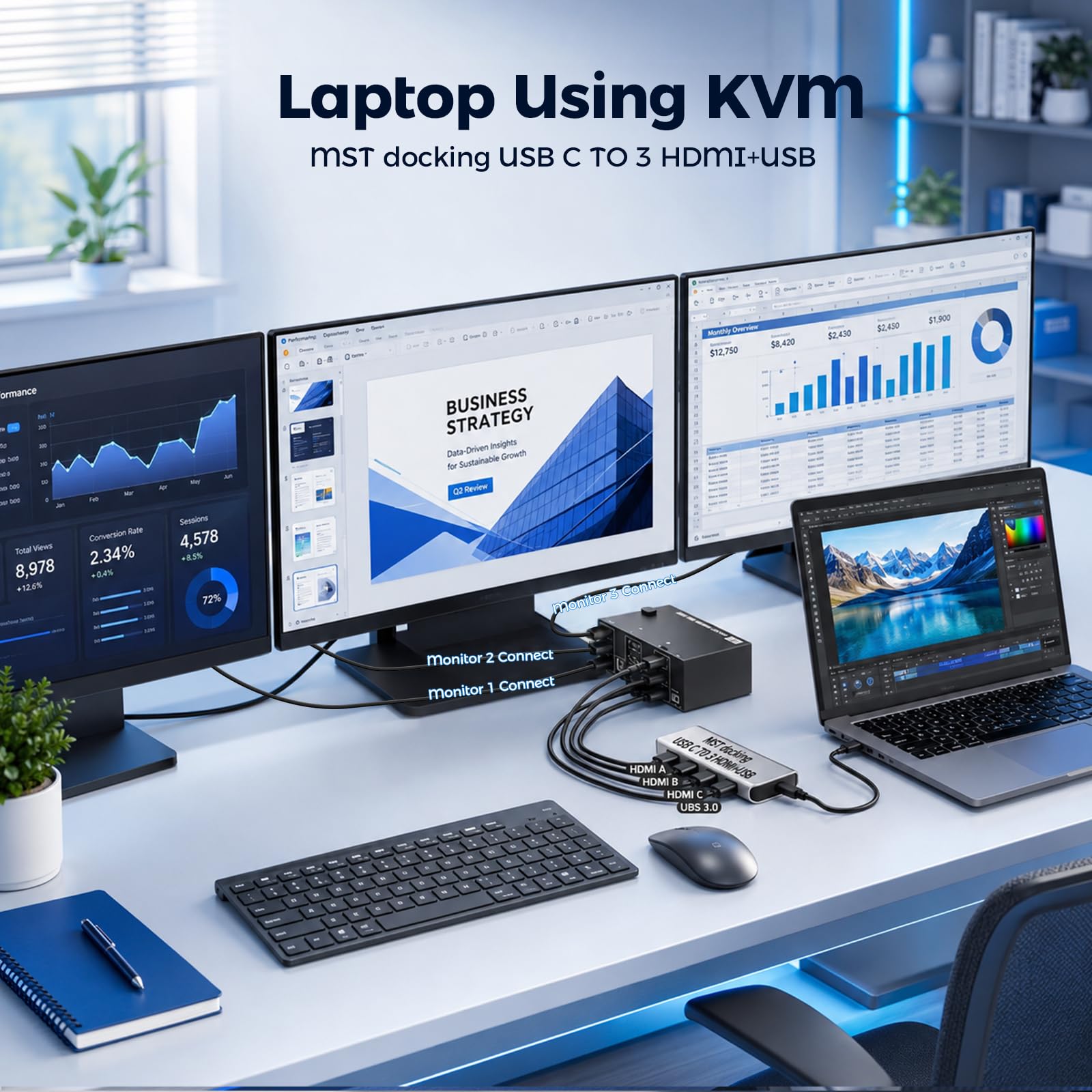 KVM Switch 2 PC 3 Moniteur 8K60Hz, Commutateur KVM 3 HDMI avec Contrôleur de Bureau, USB 3.0 pour Deux Ordinateurs, Prend en Charge Mode Étendu et Mode Dupliqué, Adaptateur 12V Inclus