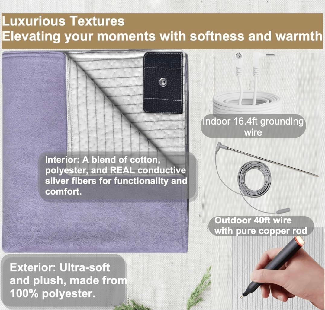 Grounding Blanket, 80"x60", Purple, Indoor&Outdoor, Cotton Blend with Silver Fiber, Includes Indoor Plug&40Ft Outdoor Grounding Wire, Improves Sleep, Reduces Pain & Boosts Energy