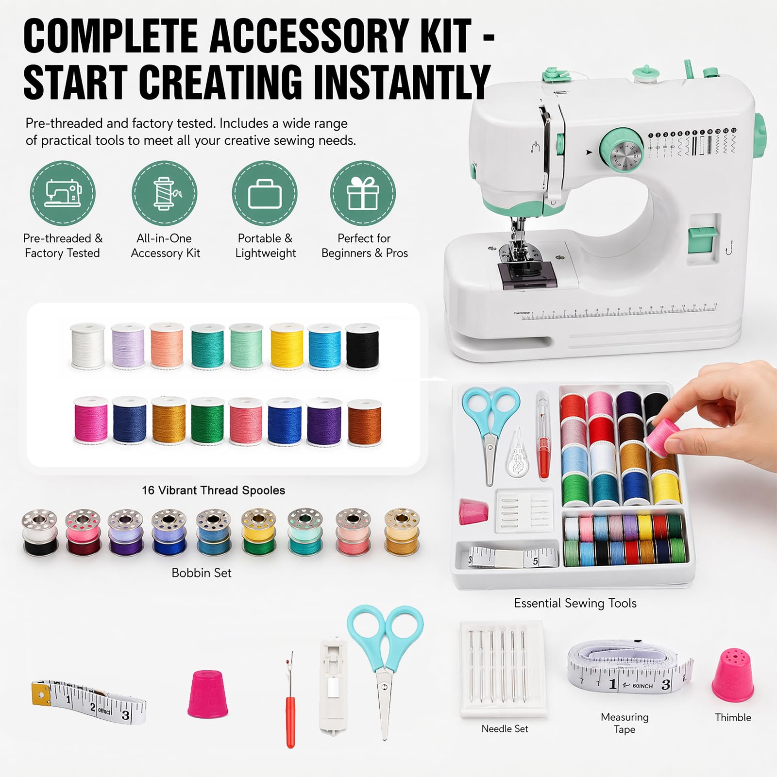 Maquina de Coser Portátil, Mini Maquina de Coser para Principiantes con 12 Puntadas de Costura y Accesorios de Costura, Ideal para Principiantes y DIY