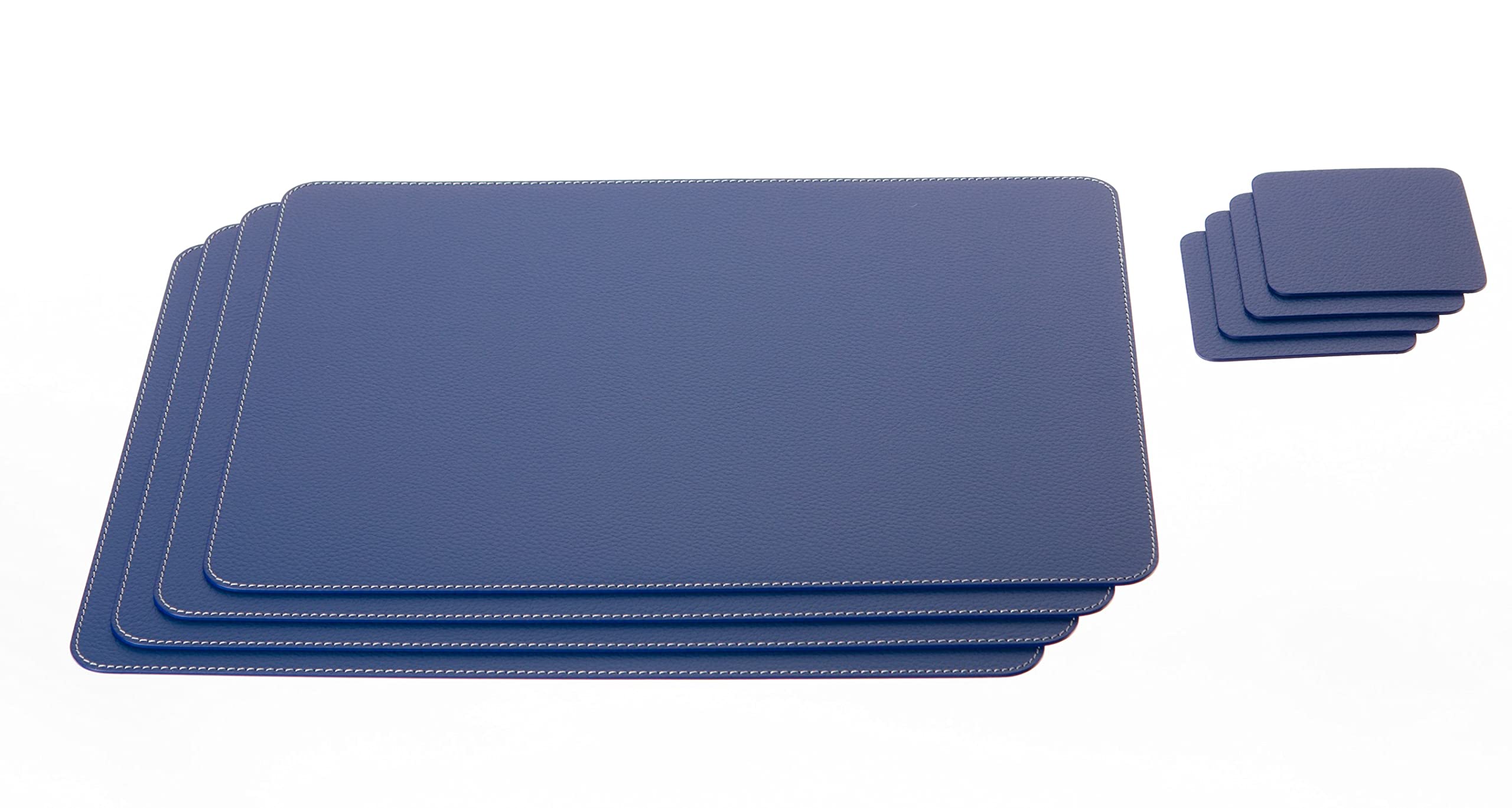 Set 4 Tovagliette Americane Rotonde + 4 Sottobicchieri In Pelle - Impermeabili Antiscivolo 34x34cm Blu