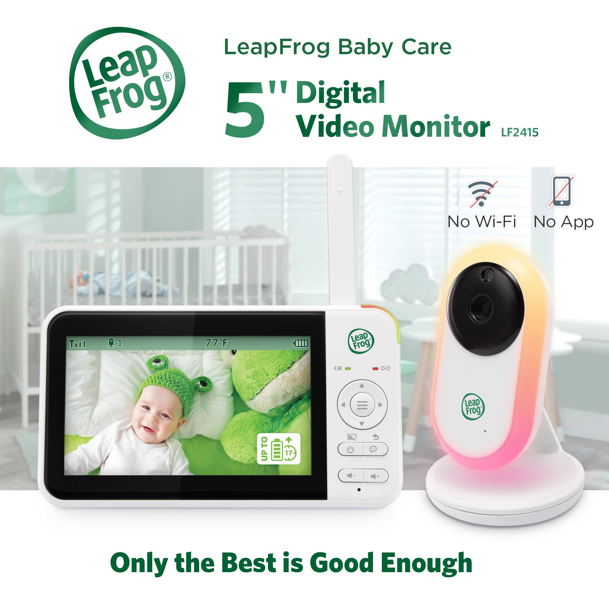 LeapFrog LF2415 Baby Monitor with 5 IPS LCD Screen, Up to 17-Hr Video Streaming, 1000ft Long Range, NightVision, Soothing Lullabies, NightLight, 2-Way Audio Talk, TemperatureSensor,SecureTransmission