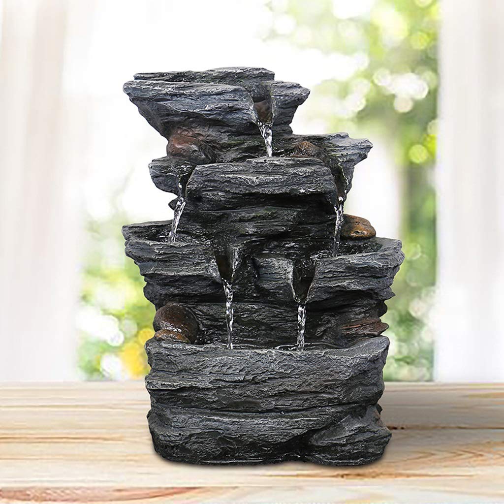 4-Tier Cascading Fontaine d'eau avec Tabletop LED Lights - Intérieur/extérieur Fontaine d'eau Décor Petite fontaine détente Tabletop Cascade