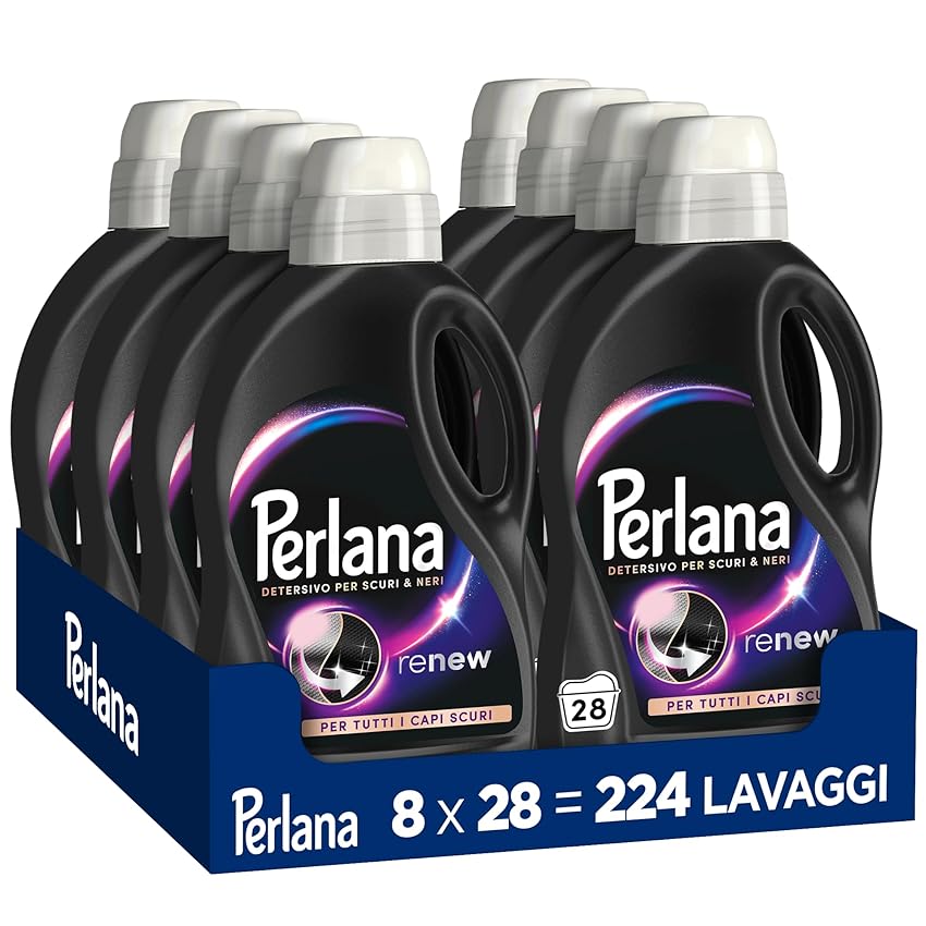 Perlana Detersivo Scuri e Neri (8 confezioni da 28 lavaggi), Detersivo lavatrice liquido per tutti i capi scuri, Detersivo capi neri per fibre rinnovate