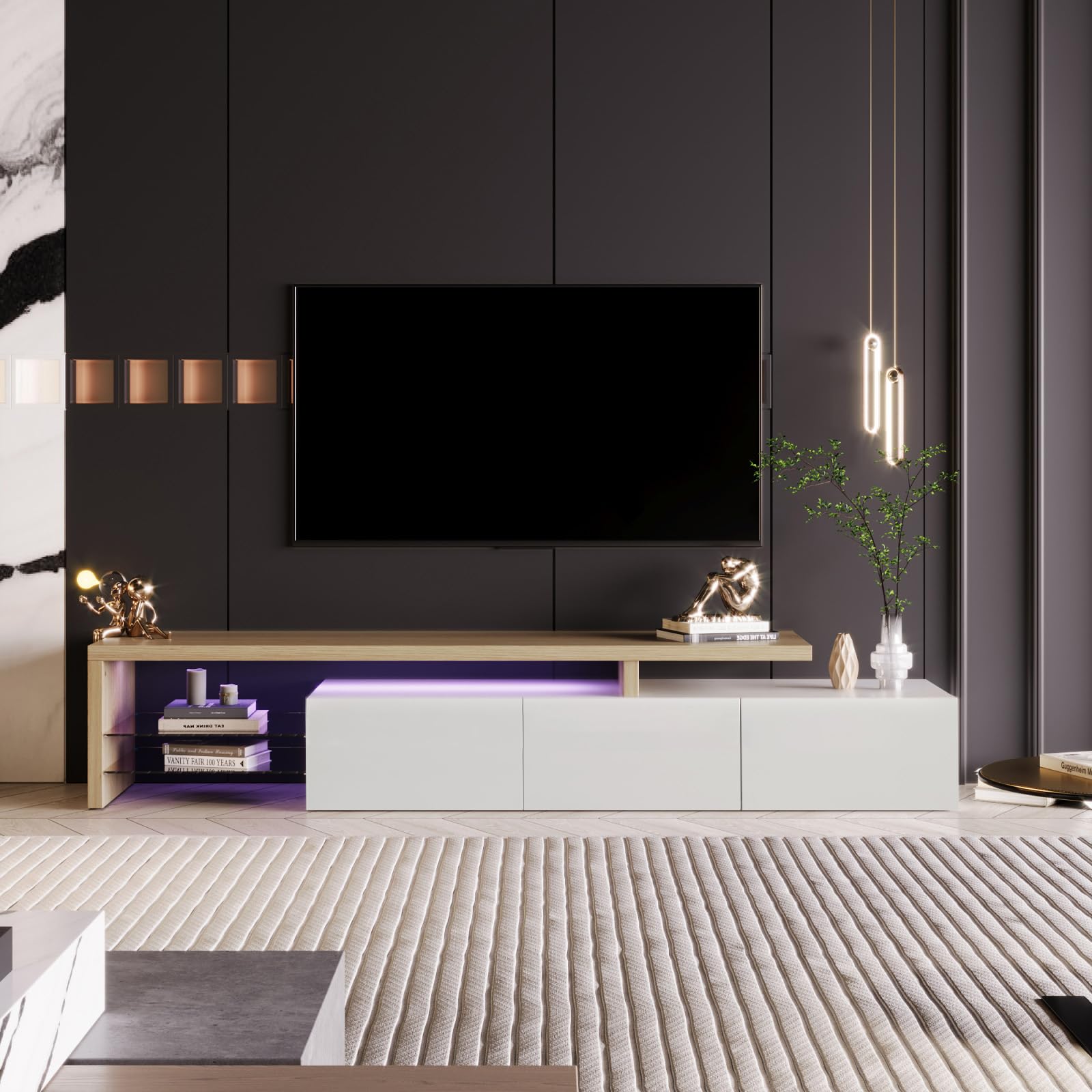 unità televisiva moderna con luci LED, 3 portelloni, scaffali di vetro