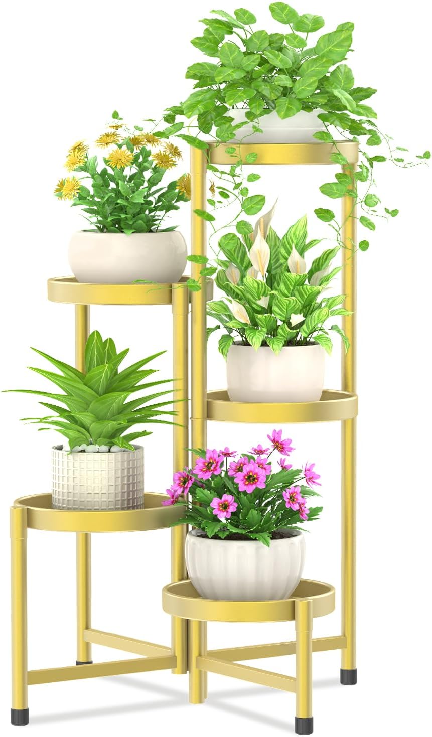 iDavosic.ly 5 Tier Metal Plant Stand for Indoor Outdoor, Folding Tiered Corner Flower Display Holder Shelf, 31 Inch Tall Orchid Rack for House Patio Balcony Garden Living Room, Gold