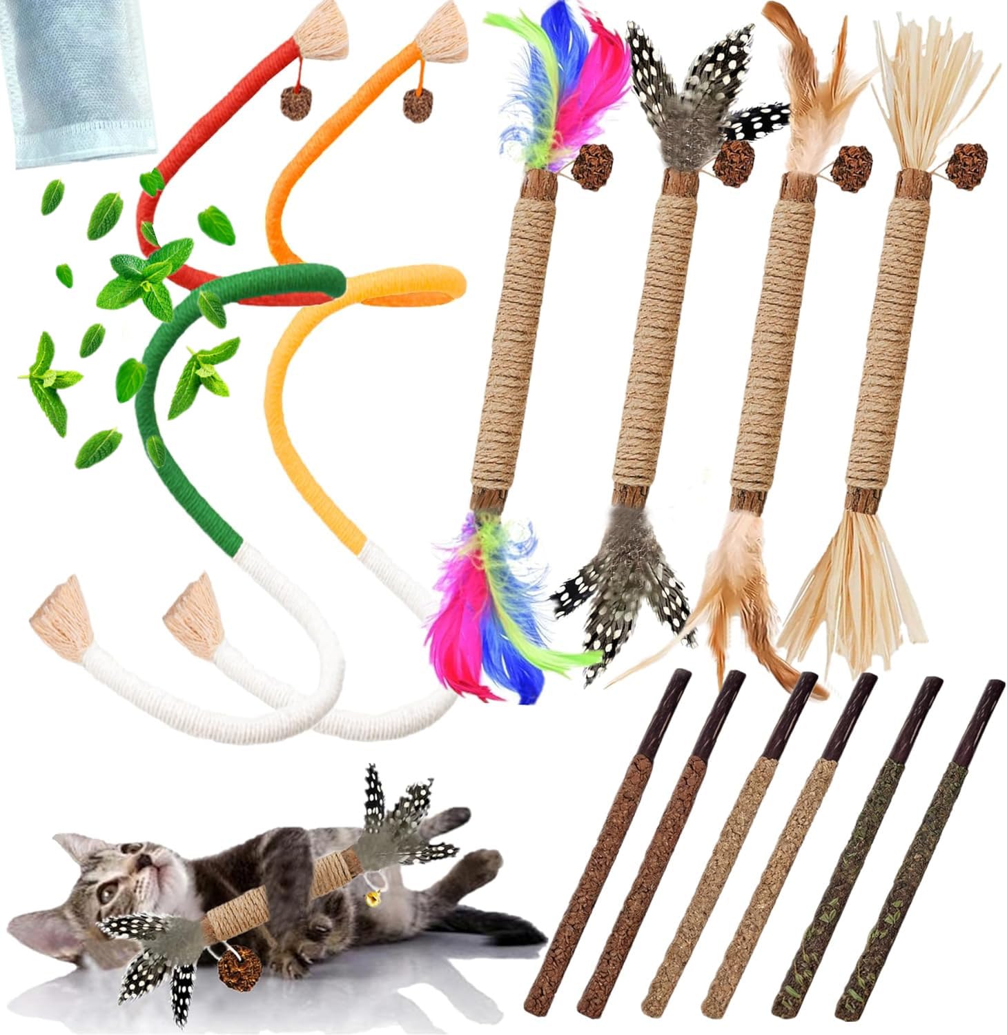 Cat Toys 12PCS Catnip Toy for Indoor Kitten Treat Cats Chew Stick for Dental Cleaning Teeth Kitten Silvervine Rope Kitty Feather Snack for for Kick Molar Scratch Self Play Interactive Boredom