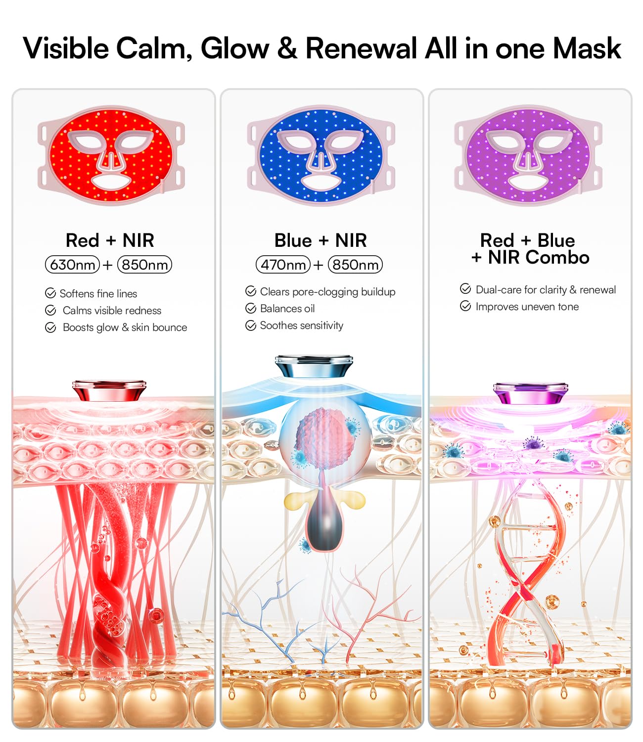 INIA Red Light Therapy Mask for Face, 850nm NIR, Red/Blue LED Light 4 Modes