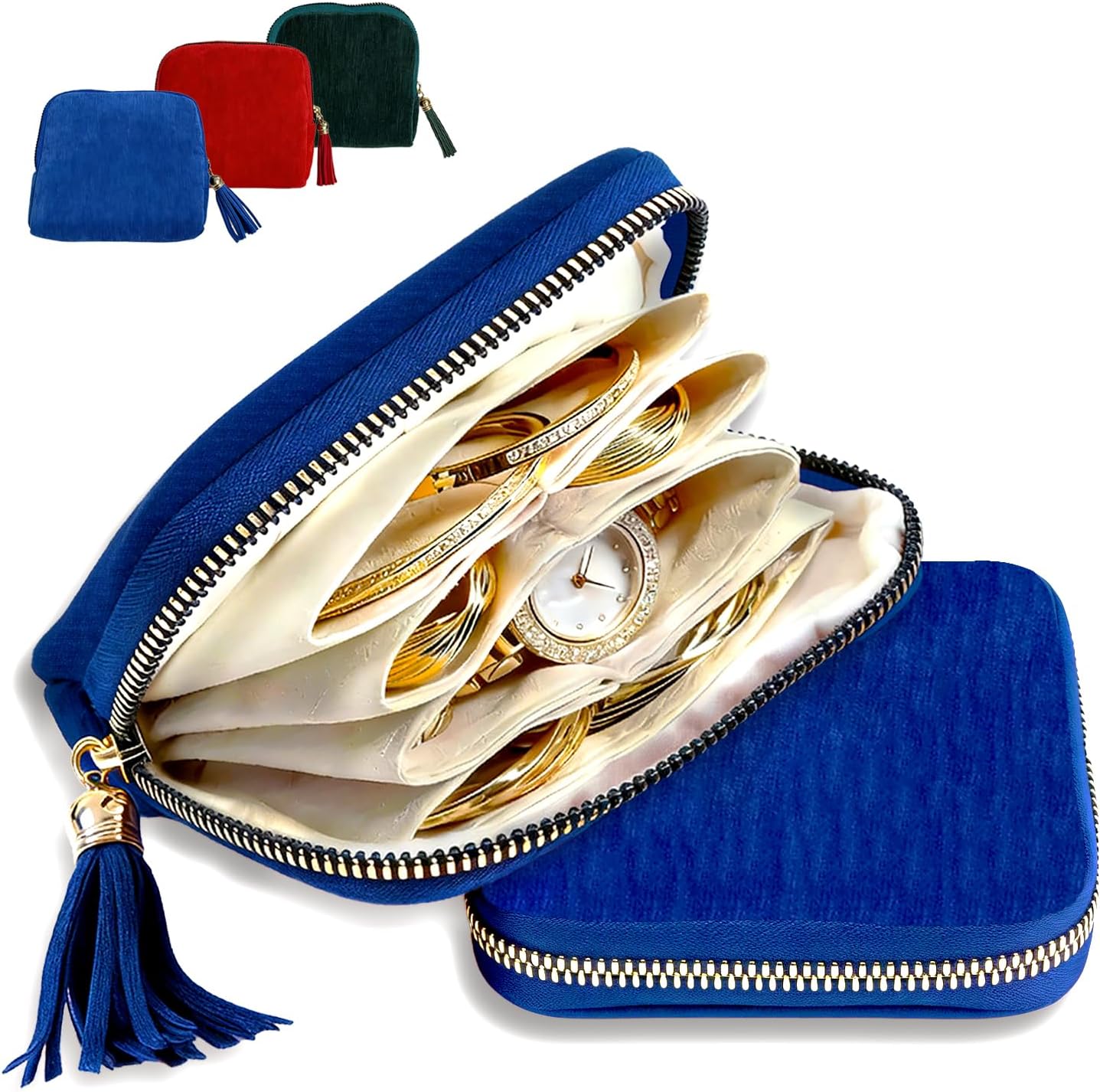 Small Travel Jewelry Case, Jewelry Pouch with 5 Compartments, All-in-One Jewelry Travel Organizer, Soft Mini Velvet Travel Bag for Women, Bangles Earring Necklace Ring Holder (Royal Blue)
