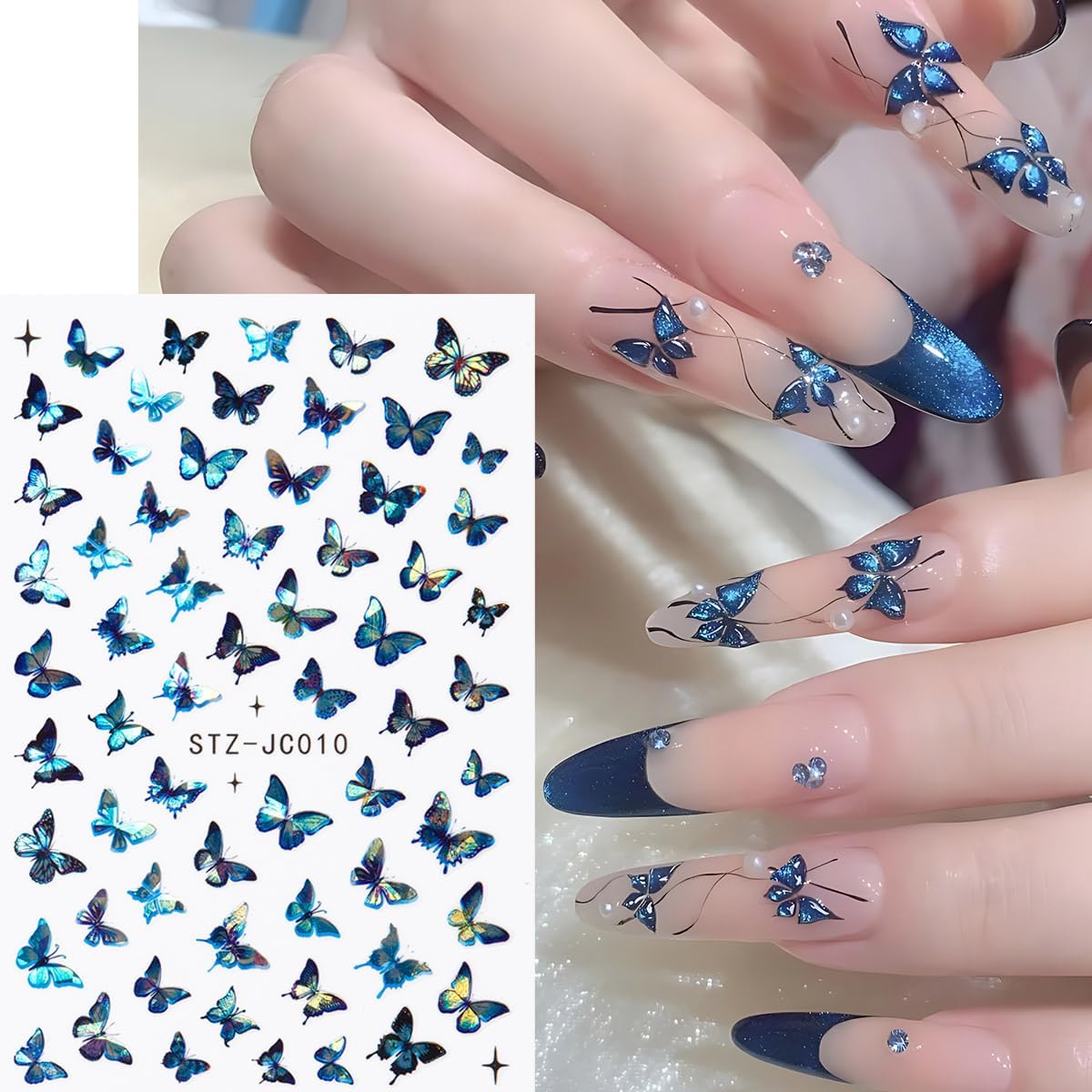 Butterfly Nail Art Stickers, Blue Purple Pink, 6 Sheets with Nail Tweezers, French Flower Butterfly Nail Charms Wing 3D Glitter Stickers for Nail Decoration