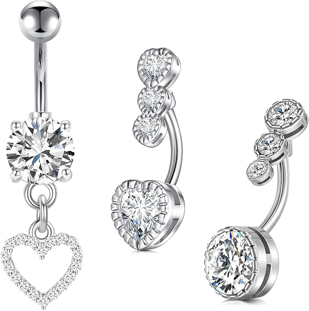 MODRSA 14 Gauge Belly Button Rings Stainless Steel Heart Dangle Triple Diamond CZ Belly Button Bar 10MM Navel Piercing for Women Belly Piercing