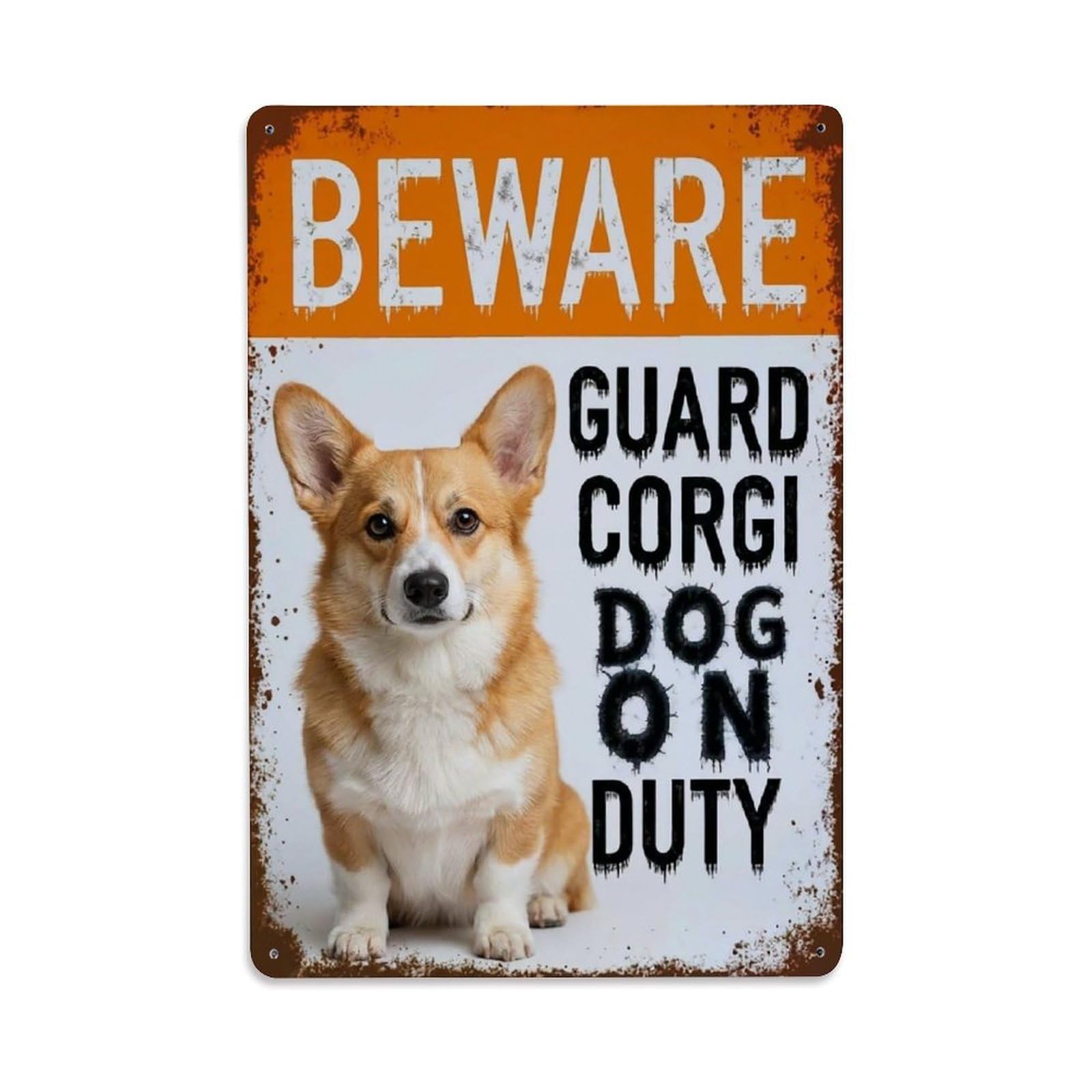 Vintage Funny Corgi Guard Beware of Dog Entrance Metal Tin Sign Plaque Wall Decor for Cafe, Club Bar, Office, Garden Metal Poster 8x12Inch