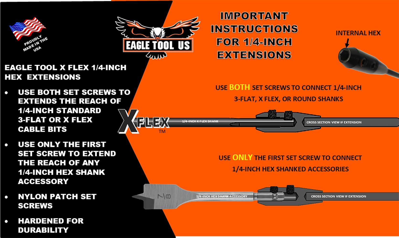 Eagle Tool US ETHX25018 X Flex Flex Drill Bit Extension, 1/4" Shank by 45,7 cm, con adattatore esagonale 1/4" Made in USA