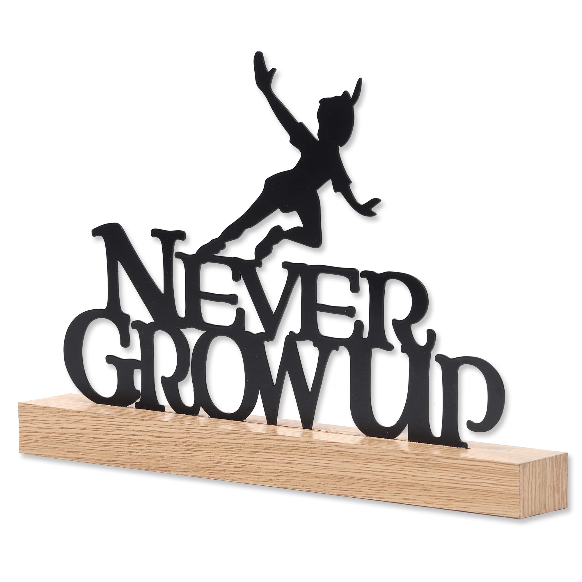 Open Road Brands Peter Pan Never Metal auf Holzbasis Dekoschild Schwarz Cartoon-Dekoration | Peter Pan Metall-Silhouette auf Naturholzsockel