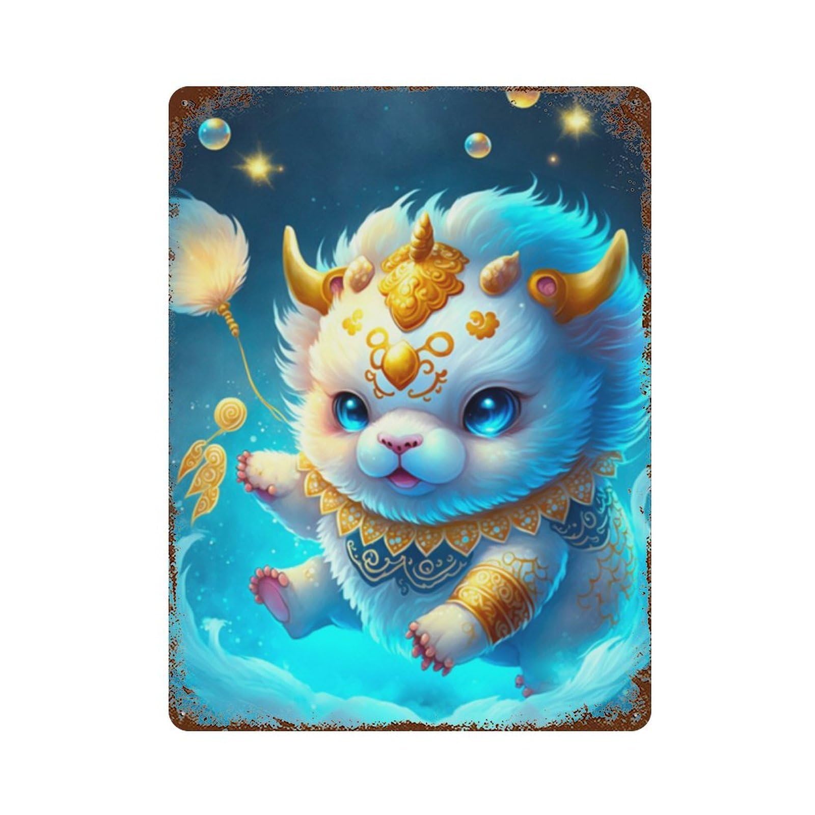 Fantasy Cute Baby Yak Art Print Aged Metal Wall Plaque 15.7"x11.8", for Office, Studio And Wall Decor, Novelty Wall Decor