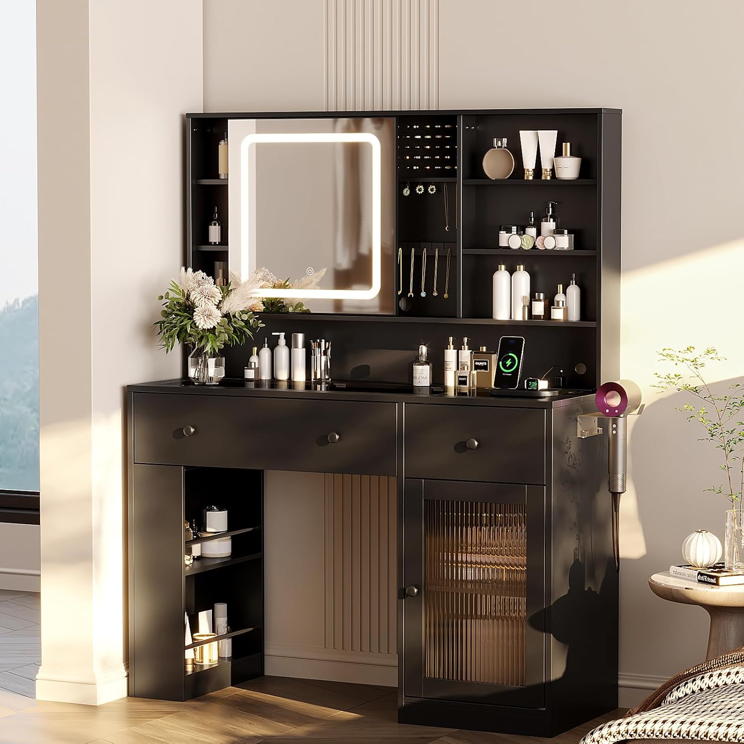 VINGLI Vanity Desk with Sliding Mirror and Lights, Glass Top Makeup Vanity Table w/Glass Cabinets w/Hidden Jewelry Storage & Power Outlets & Hairdryer Holder, 43in Black Dressing Table Gifts