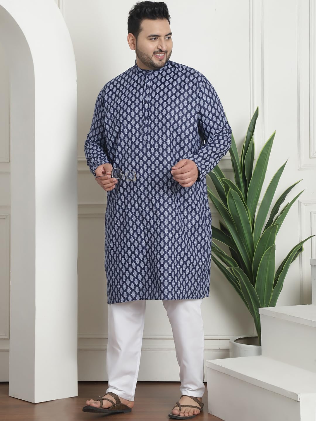 Sojanya Plus (Since 1958) Men's Cotton Blend Printed Navy Blue Kurta With White Churidar Pyjama