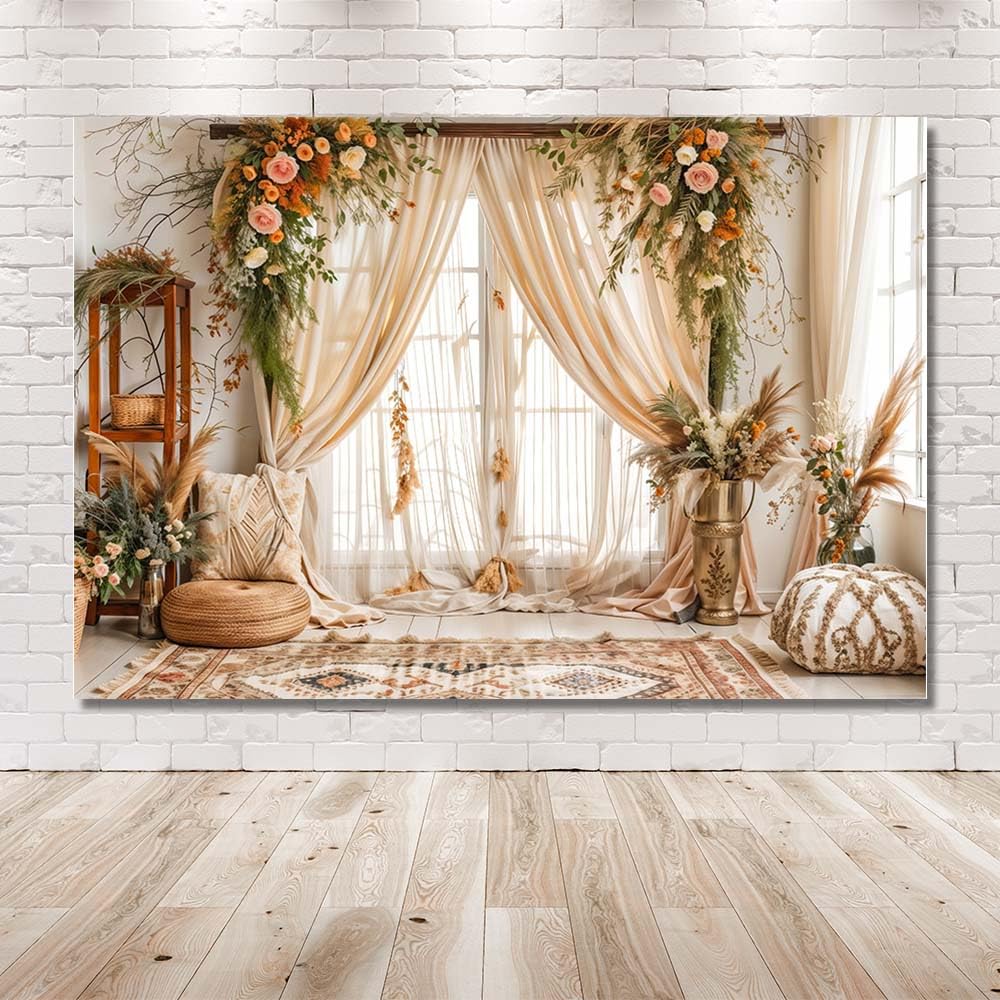 Toile De Fond Photo 210x150 Cm - Motif Bois Rustique Et Fleurs Aquarelle, Vinyle Léger, Pour Anniversaire, Portrait, Décoration - 2