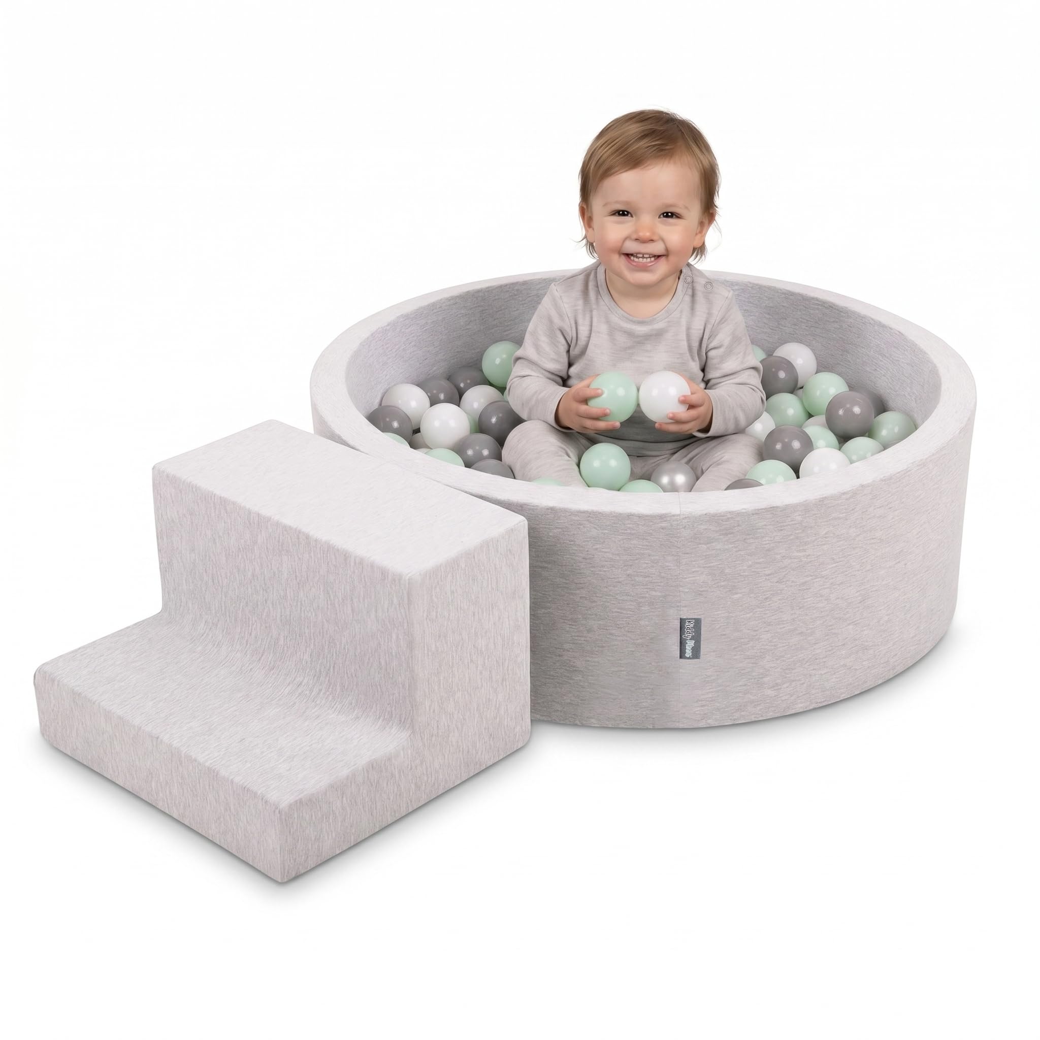 KiddyMoon Soft play set with ballpit 90x30cm and steps 100 balls 7cm foam playground for babies and toddlers - Light grey: White Grey Mint — image 1