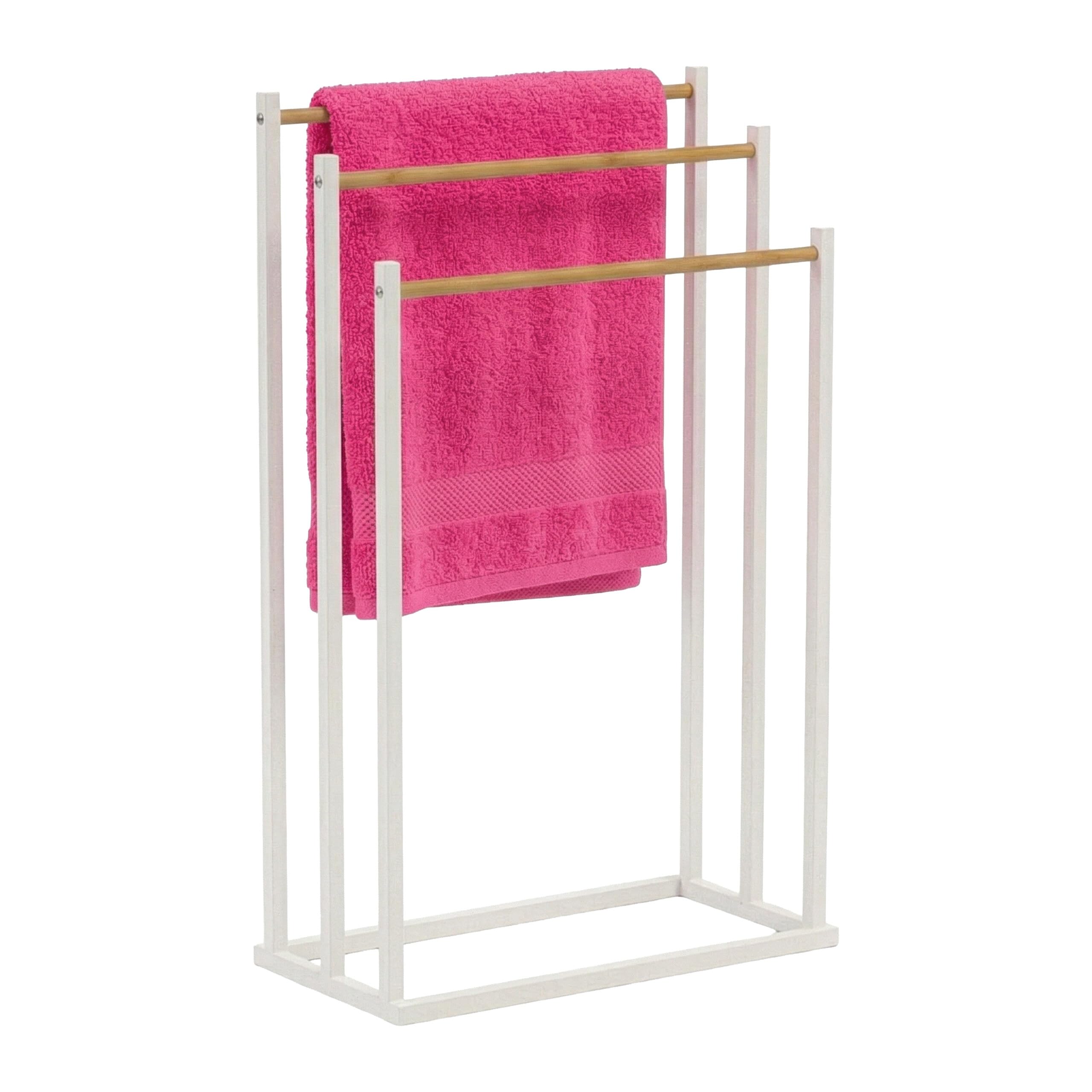 Relaxdays Towel Rack, H x W x D: 76 x 45 x 21.5 cm, metal, 3 bamboo rods, free-standing, white/natural