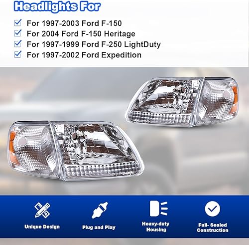 Miniatura 5 de ROXX Conjunto de faros delanteros con luces de esquina para Ford F150 1997-2003 y Ford Expedition 1997-2002Para Ford F250 Light Duty 1997-2003, par