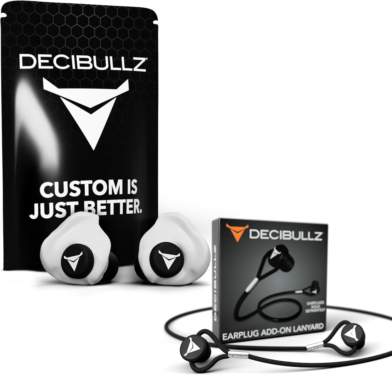 Decibullz 25-Decibel Noise-Reduction Earplugs for Hearing Protection Custom-Molded Reusable Earplugs for Noise Sensitivity & Flights, White + Custom Earplug Lanyard