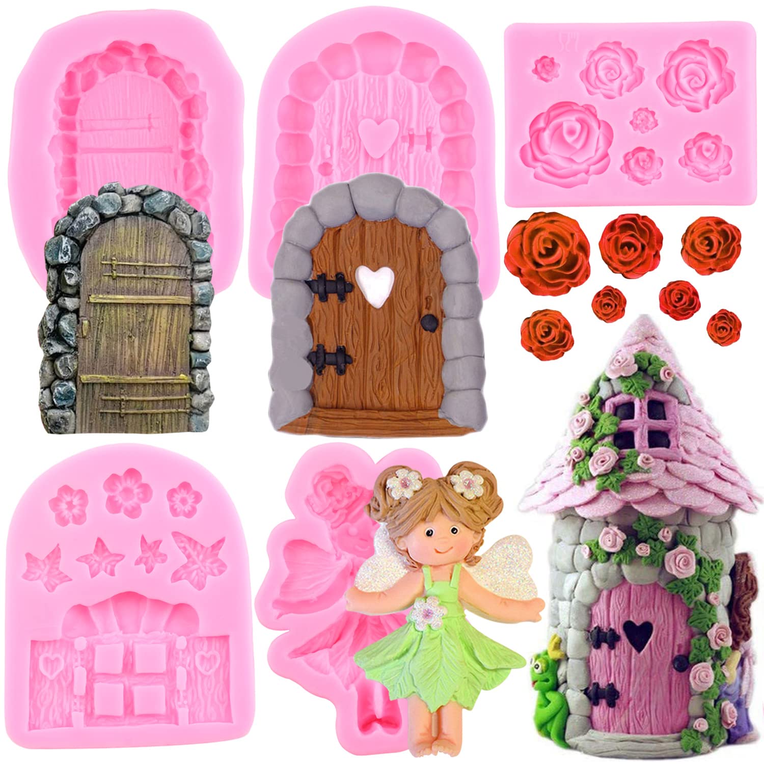 MYPRACS Enchanted Vintage Fairy Garden Fairy Gnome Home Door Silicone Chocolate Fondant Molds Rose Flower Mold For Cake Decorating Cupcake Topper Gum Paste Candy Polymer Clay Set Of 5