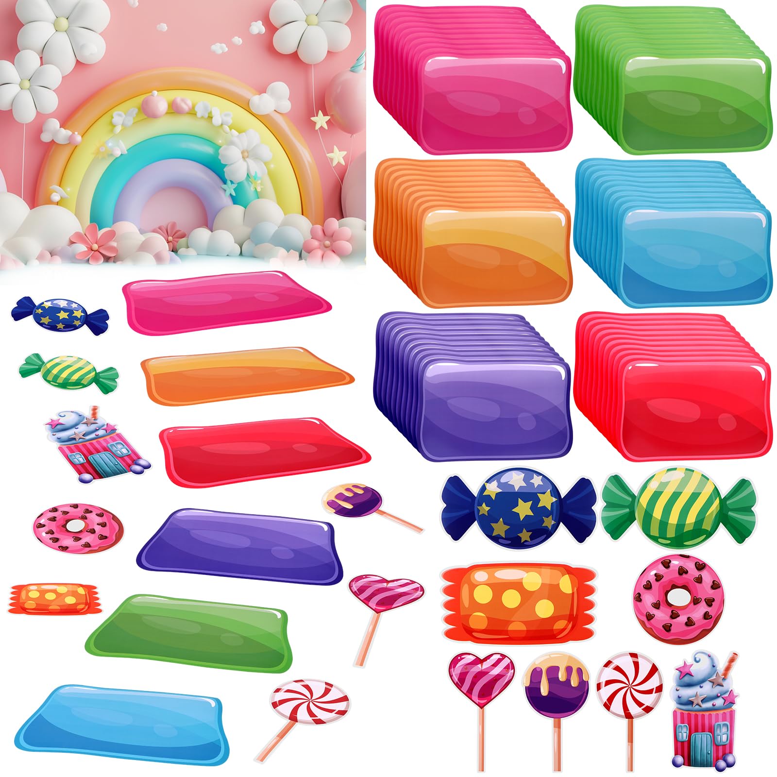 100Pcs Colorful PVC Floor Stickers Candy Themed Party Decoration Candyland Floor Decals Runway Rug Hallway Runner Rug Princess Candy Land Trunk or