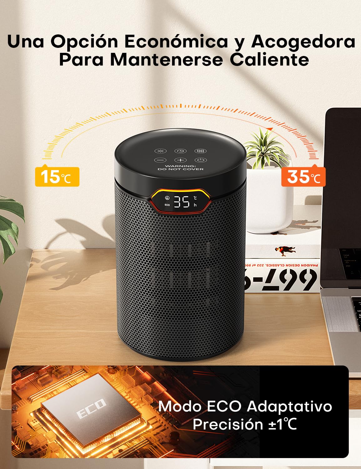 QEXREED Calefactor Bajo Consumo, 1500W, PTC, Modo ECO & Brisa, 4 Modos de Calor, Temporizador 24H, Termostato, Control Remoto, Protección Contra Sobrecalentamiento y Vuelcos, Hogar, Oficina