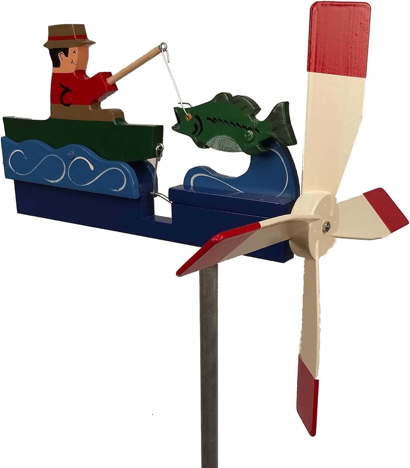 Bass Fisherman Whirligig Man Fishing Wind Spinner Handmade Made in USA