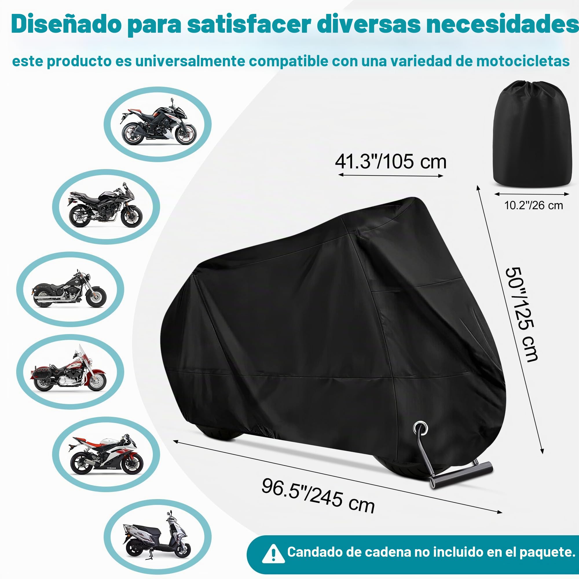 Funda Moto Impermeable Cubre Moto Impermeable Exterior Interior 210D Poliéster Capa Protector Lluvia UV Polvo Viento Nieve Excremento de Pájaro para Cubre Scooter Motocicleta (245x105x125cm)
