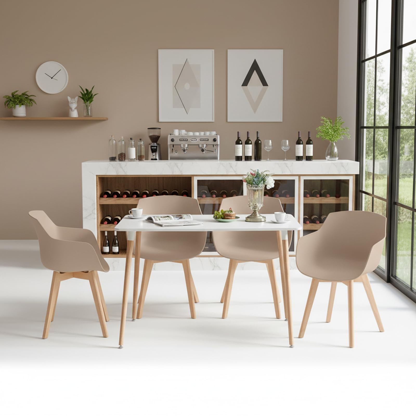 EGGREE 4er-Set Esszimmerstühle, skandinavische Küchensessel mit Beinen aus massivem Buchenholz, Khaki