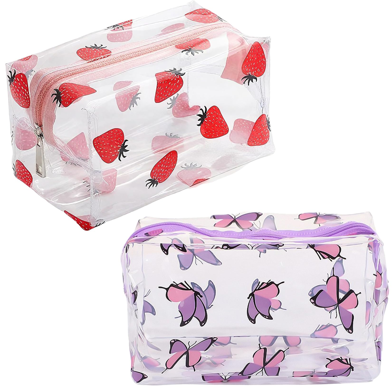 RubyTint 2 Pack Durable Clear Makeup Bags and Pencil Cases, Waterproof PVC Toiletry Pouches with Cherry and Butterfly Design, Large Capacity Organizer for Girls School and Travel