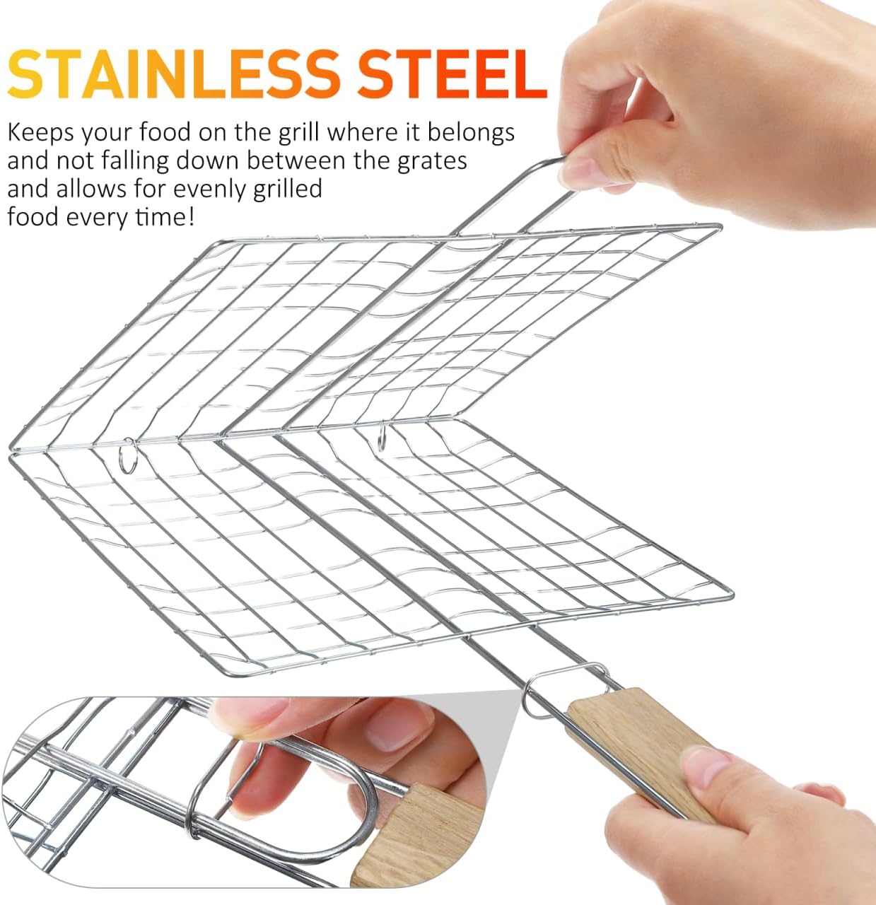 Stainless Steel Barbecue Rack 15X8.7 Inch Grill Basket with Wooden Handle 2Pcs Outdoor BBQ Cooking Tool for Patio Picnic Grilling Steak and Vegetables